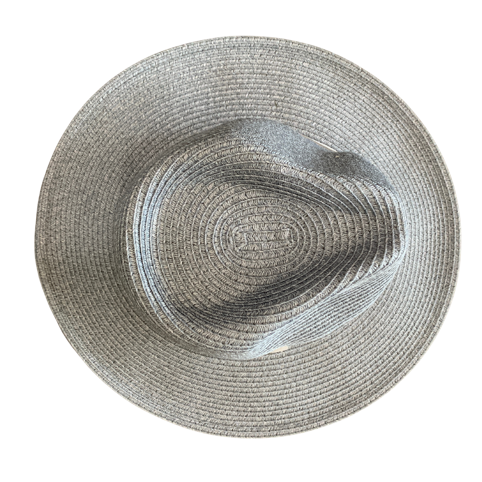 A top-down view of a woven straw hat in a light gray color, isolated on a white background.