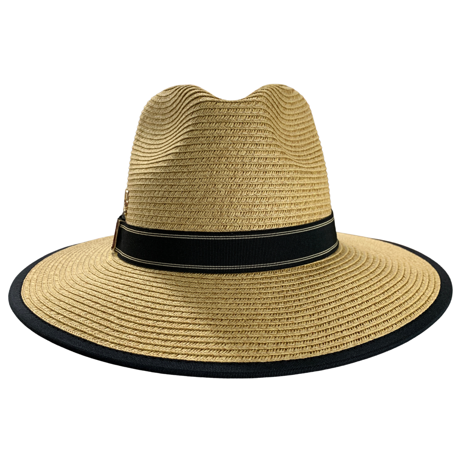 A natural straw fedora hat with a black ribbon band and black trim on the brim, shown against a plain white background.