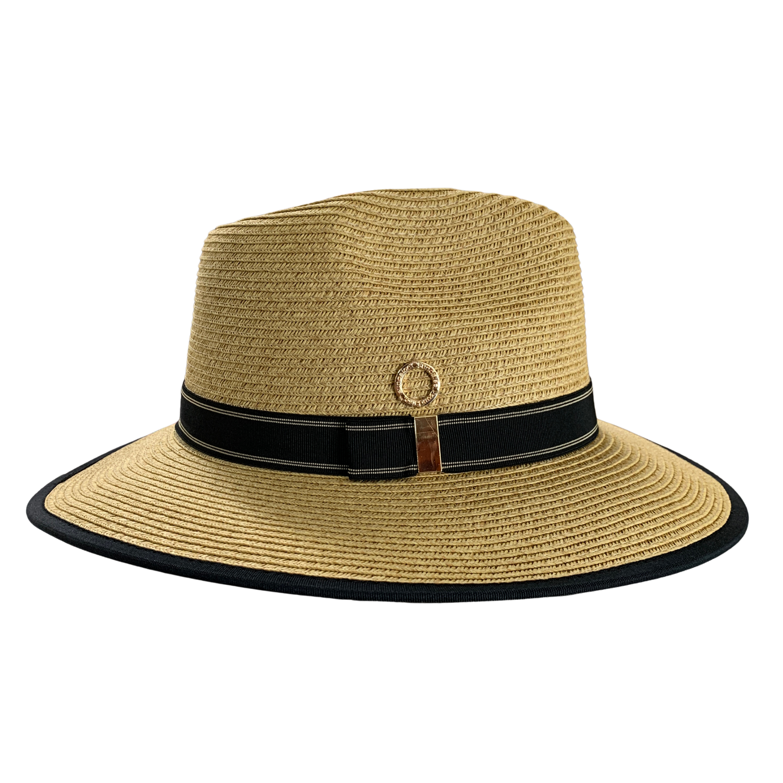 A natural straw fedora hat with a black band and a small gold-tone ring detail on the front, shown against a plain white background.