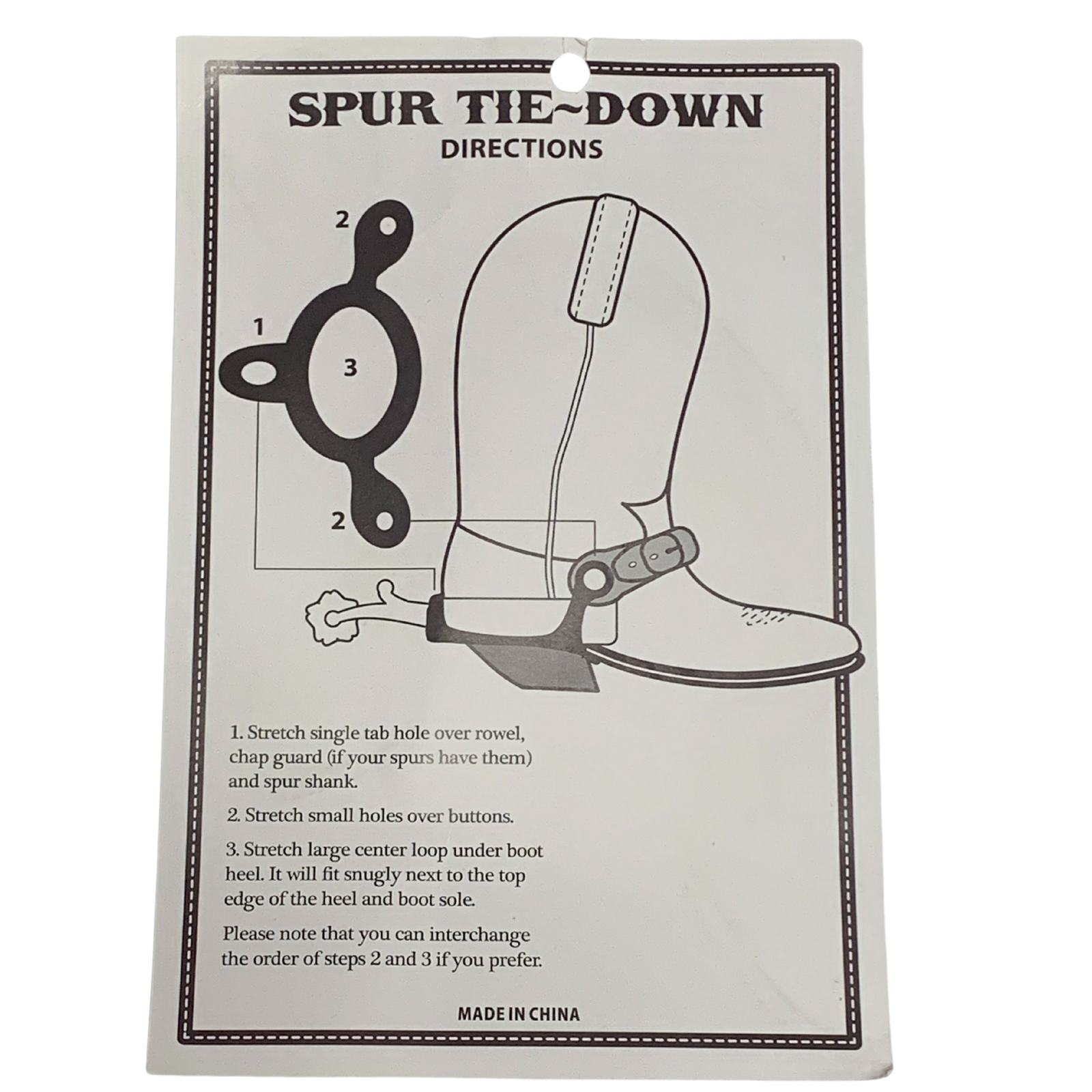 Ezy Ride Spur Tie Downs Pair. Spur tie-down directions card with diagram and text on a white background