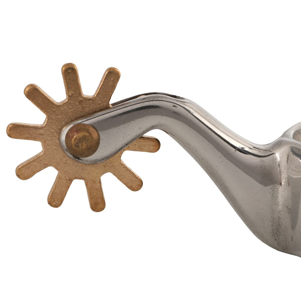 A close-up of a western spur with a polished silver metal shank and a bronze-toned star-shaped spike on a plain white background.