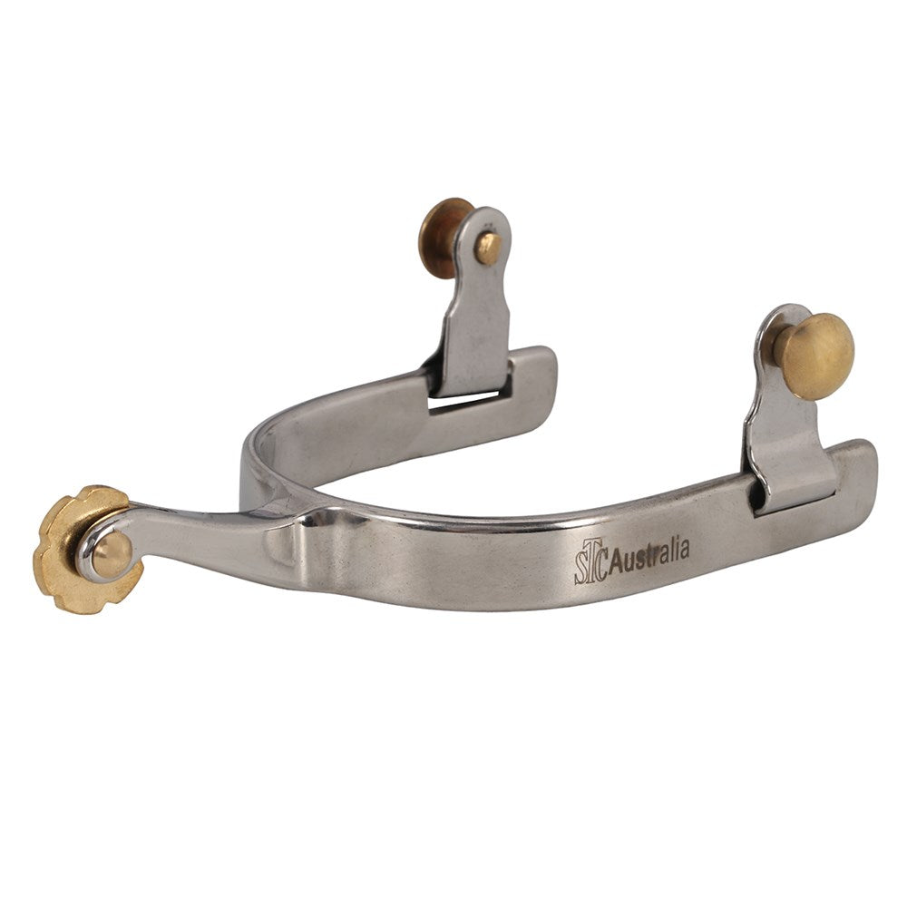 Pro-Roper Spurs. Metal horse bit with gold accents on a white background