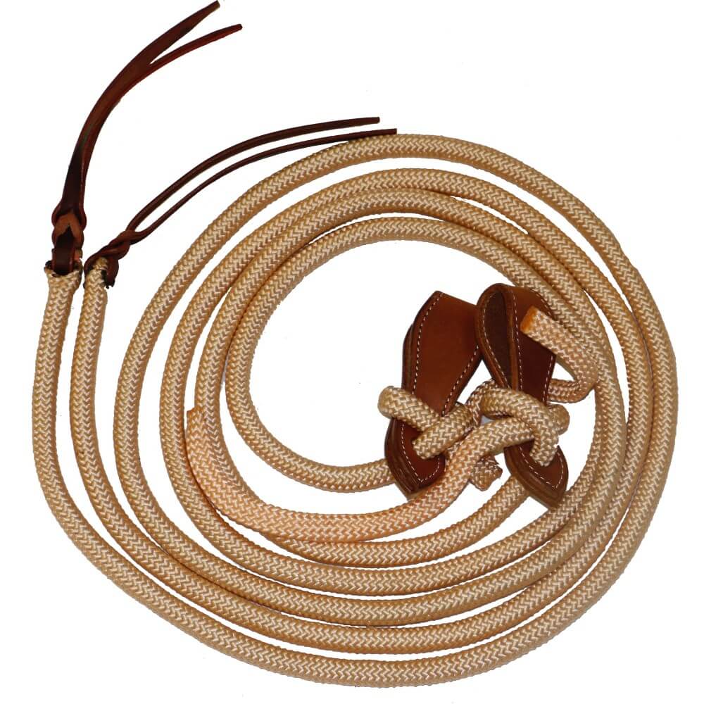 Fort Worth Yacht Rope Reins w/Slobber Straps. A beige double-braided yachting rope with leather slobber strap and tassels.