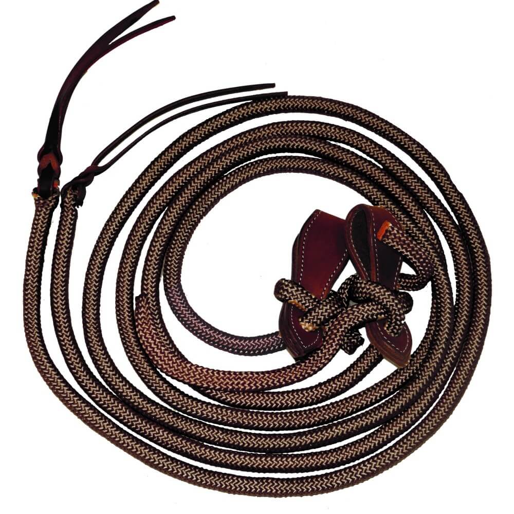 Fort Worth Yacht Rope Reins w/Slobber Straps. A brown double-braided yachting rope with leather slobber strap and tassels.