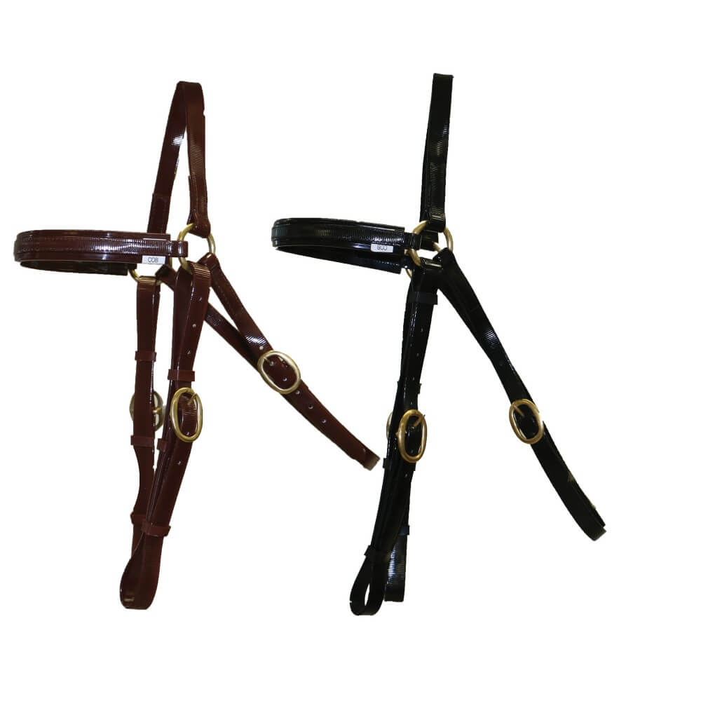 Horsemaster 3/4" PVC Barcoo Bridle. Two PVC Barcoo Bridles, one brown and one black, with gold-colored hardware, displayed against a white background.