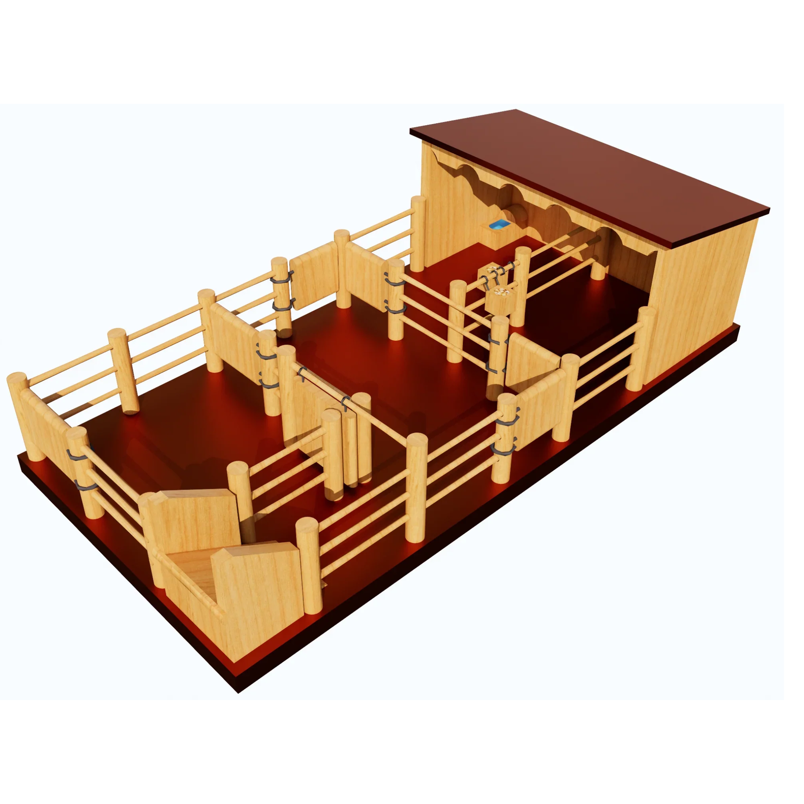 Country Toys Two Horse Wooden Stable with Yard. Wooden model of a rodeo arena with stalls and a platform on a white background