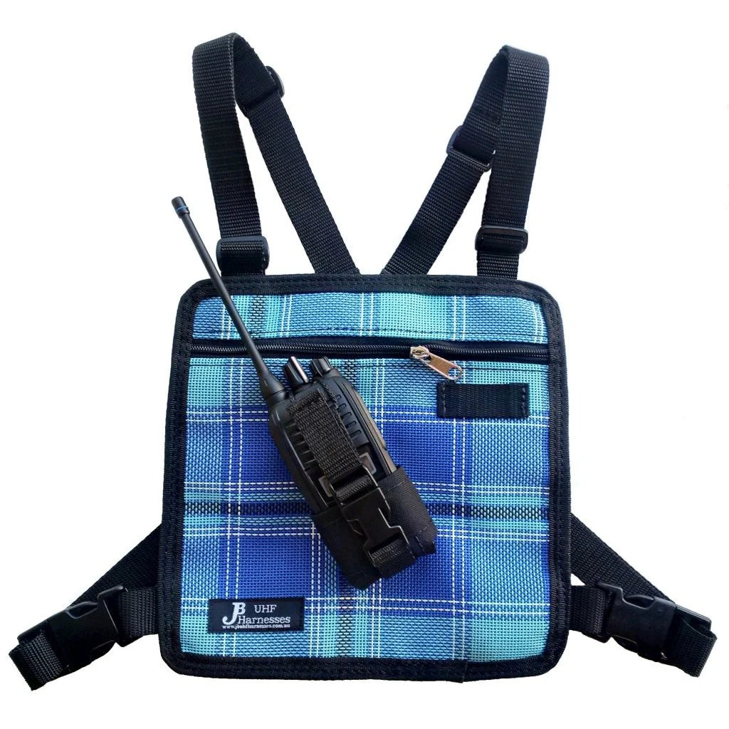 JB UHF Harnesses Kids Standard Radio Pouch. Blue plaid vest with black radio and straps on a white background