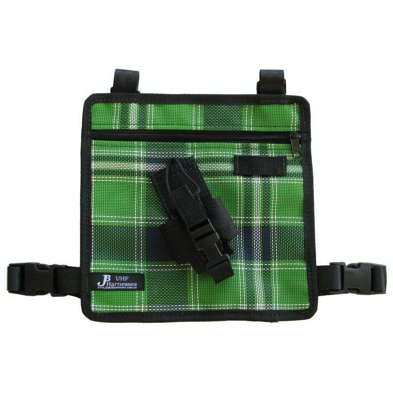 JB UHF Harnesses Kids Standard Radio Pouch. Green plaid bag with black straps on a white background
