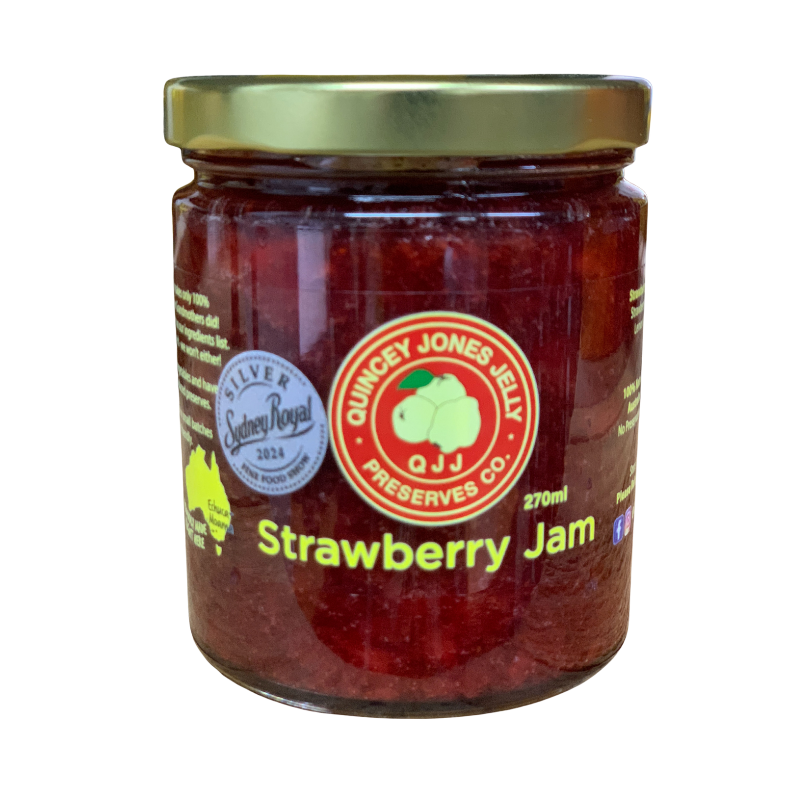 Quincey Jones 270ml Strawberry Jam. Jar of Quincey Jones Jelly Strawberry Jam on a white background