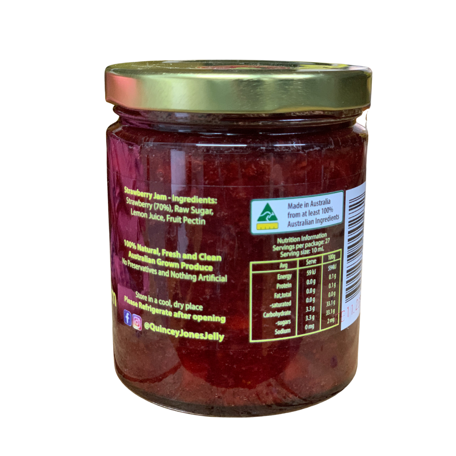 Quincey Jones 270ml Strawberry Jam. Jar of strawberry jam with a gold lid on a white background