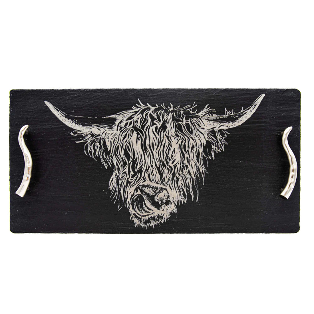 Black tray with a white highland cow design on a white background