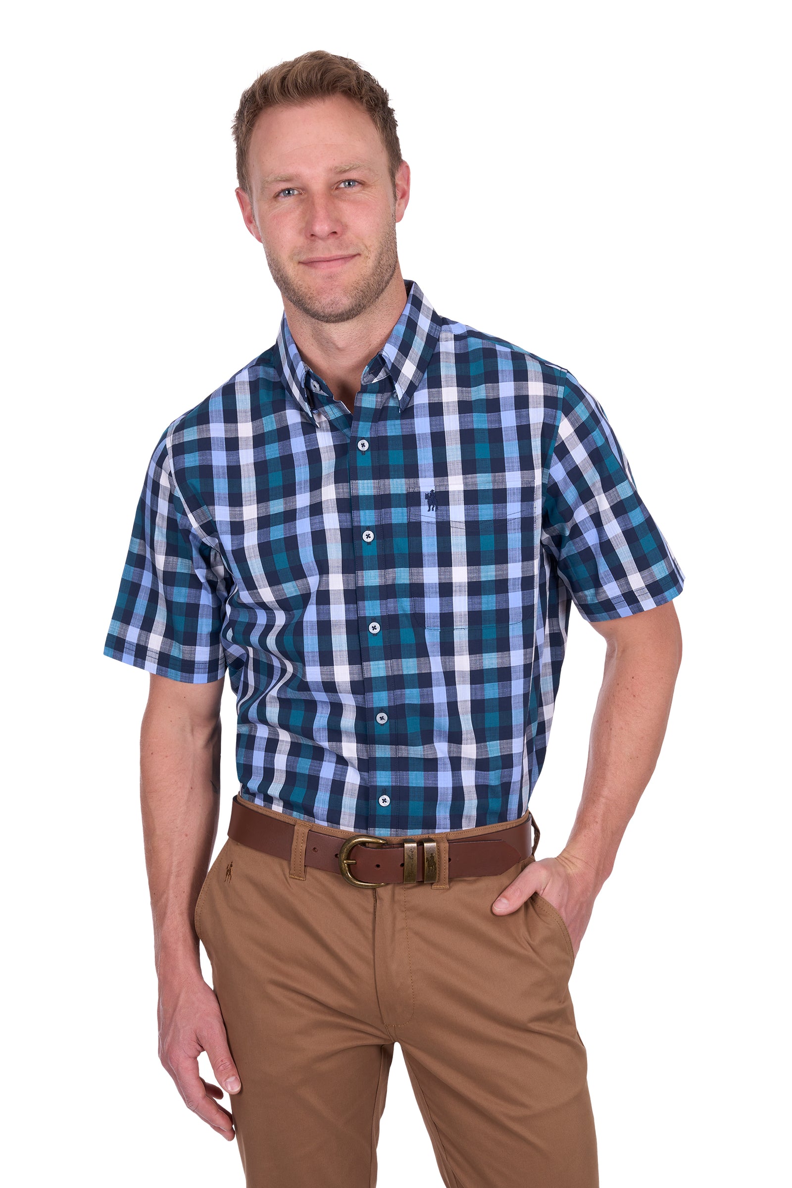 Thomas Cook Men's John S/S Shirt. Man wearing a blue and green plaid shirt with brown pants on a white background