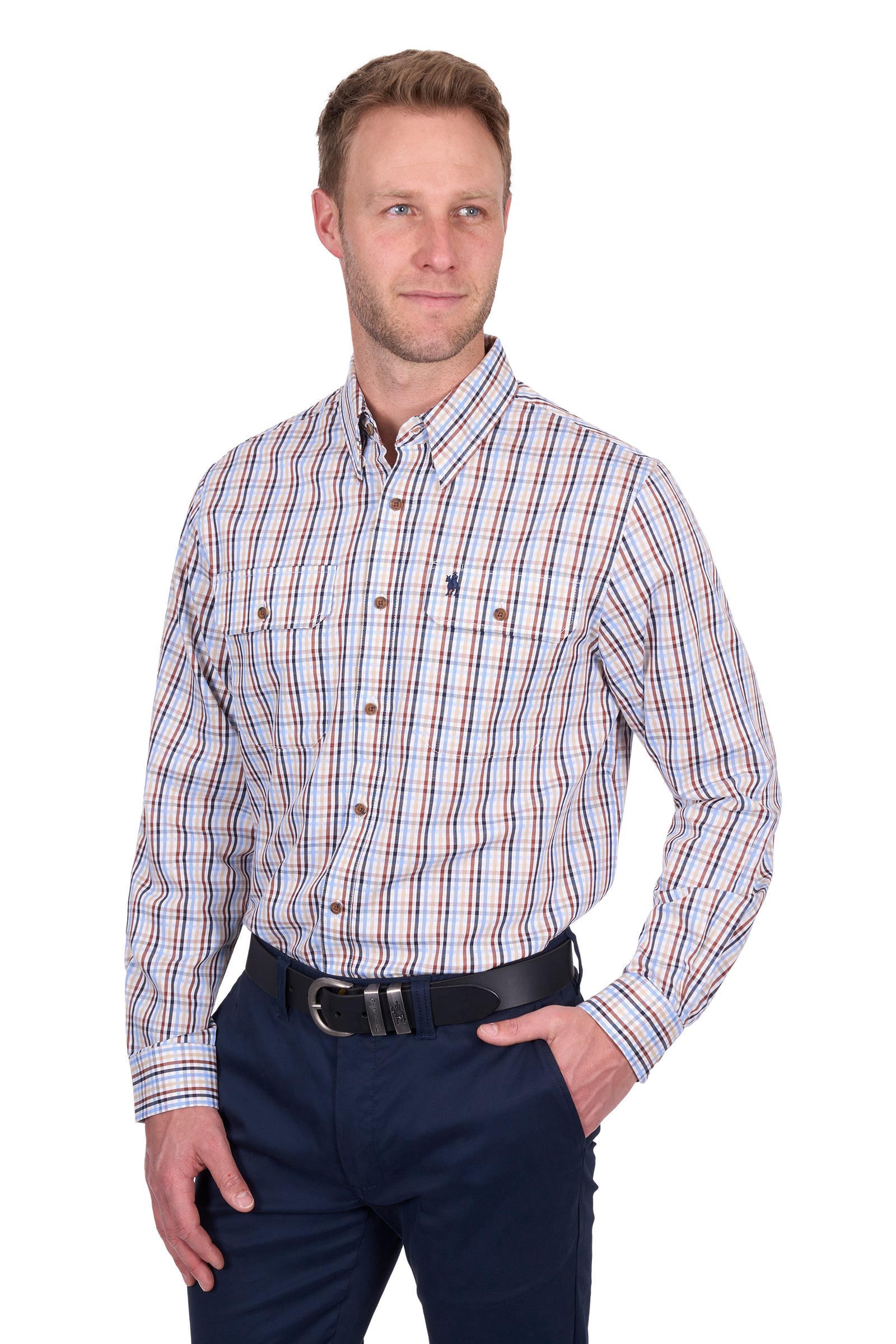 Thomas Cook Men's Scott L/S Shirt. Man wearing a plaid shirt and dark pants on a white background