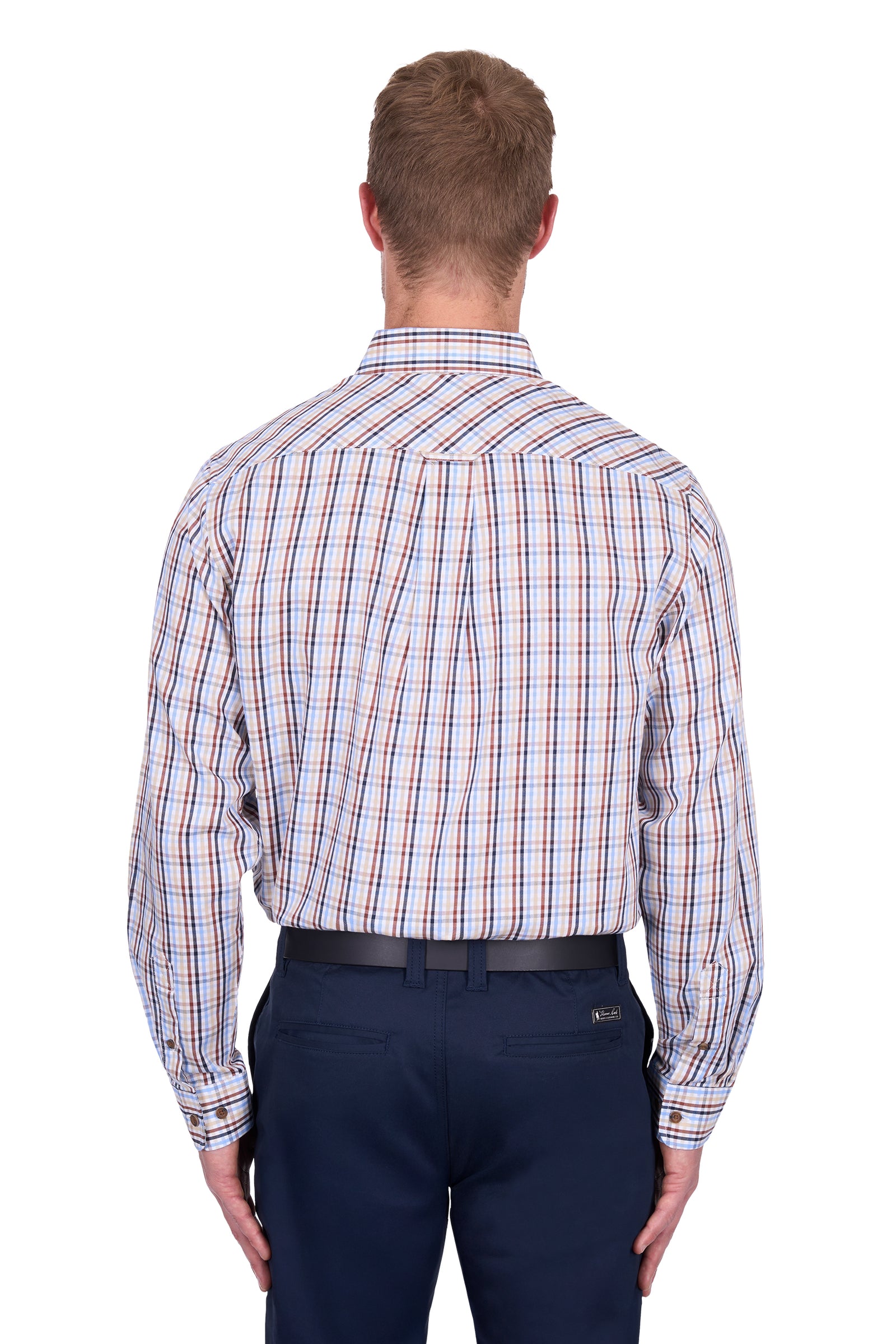 Thomas Cook Men's Scott L/S Shirt. Man wearing a plaid shirt and dark pants on a white background