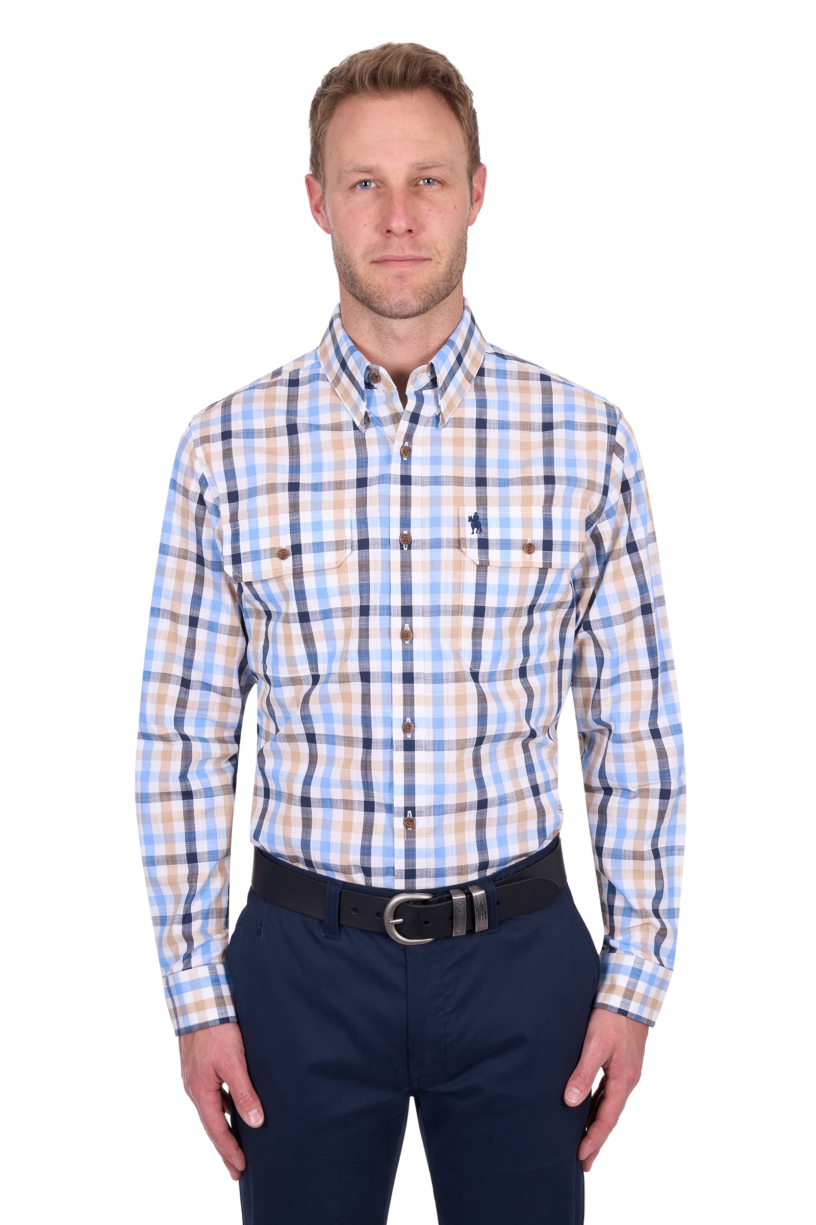 Thomas Cook Men's Jesse L/S Shirt. Man wearing a blue and white checkered shirt with a visible brand logo on a white background