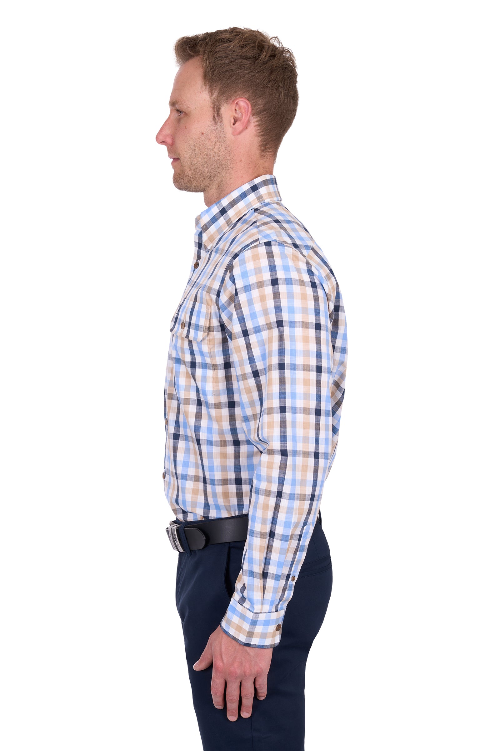 Thomas Cook Men's Jesse L/S Shirt. Man wearing a blue and beige checkered shirt on a white background