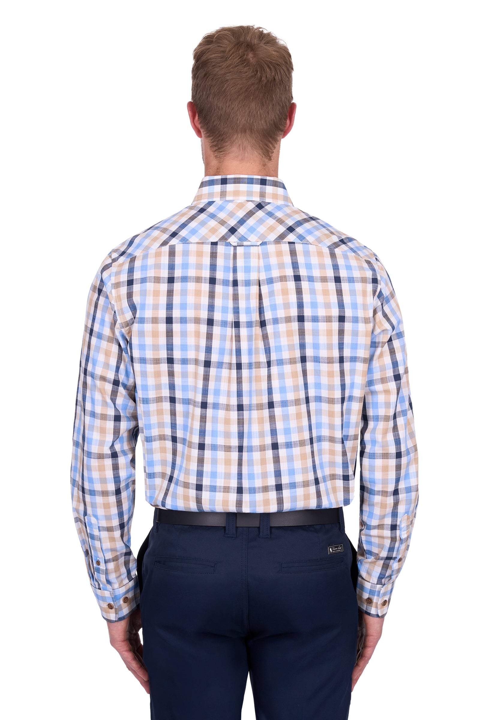 Thomas Cook Men's Jesse L/S Shirt. Man wearing a blue and beige checkered shirt on a white background