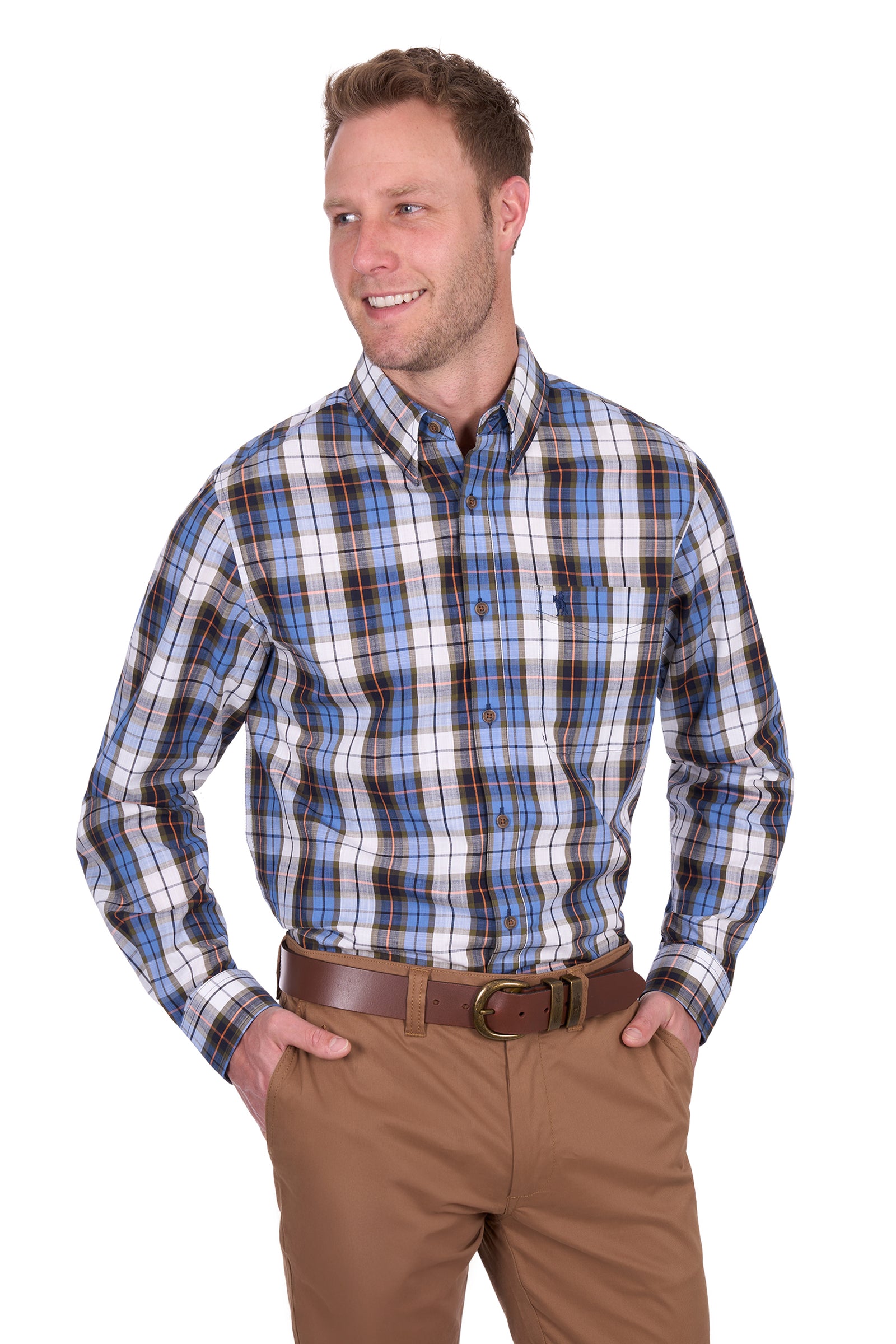 Thomas Cook Men's Daniel L/S Shirt. Man wearing a blue and white plaid shirt with brown pants on a white background