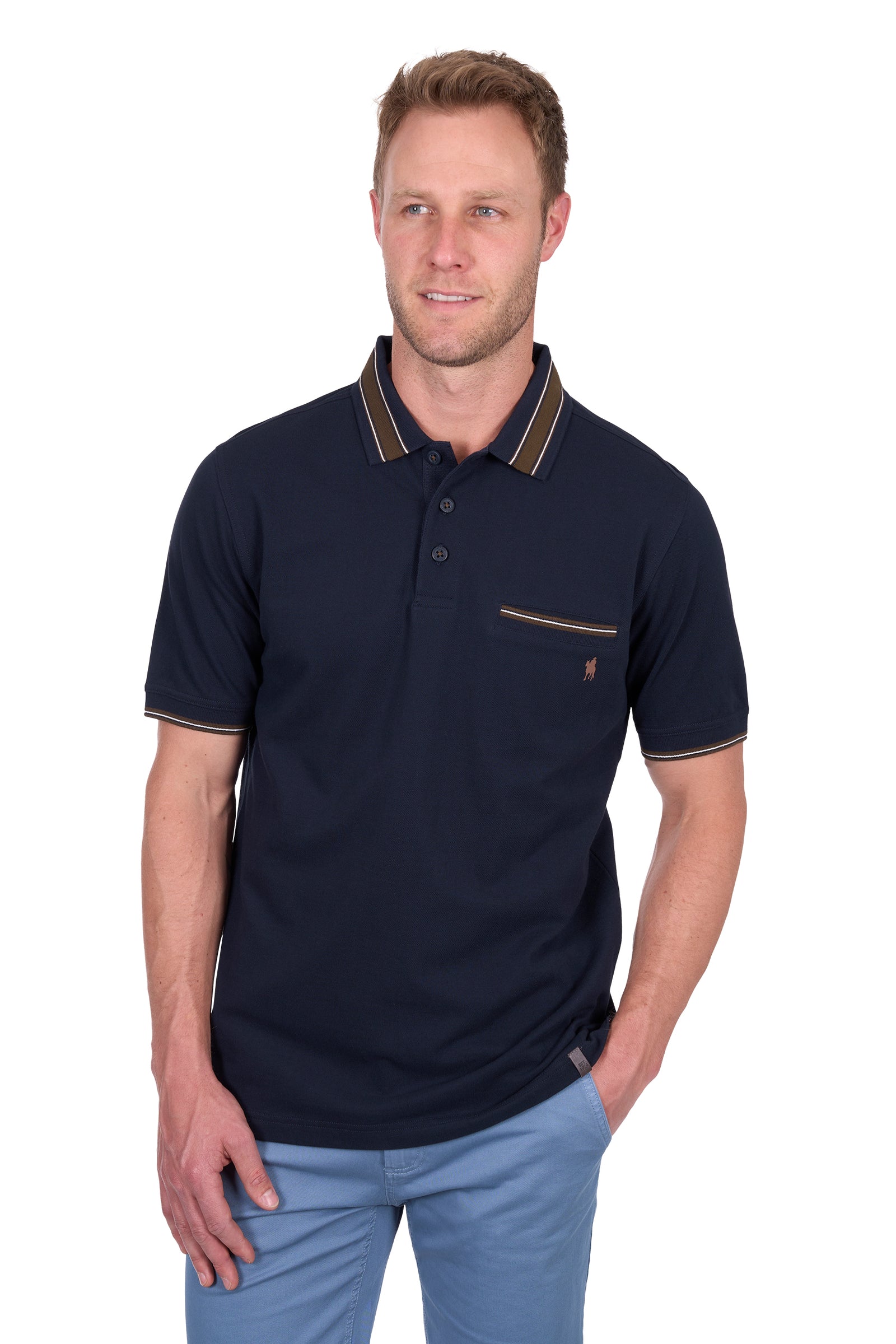 Man wearing a Thomas Cook Men's Ben Tailored S/S Polo. Navy polo shirt with a zipper pocket on a white background