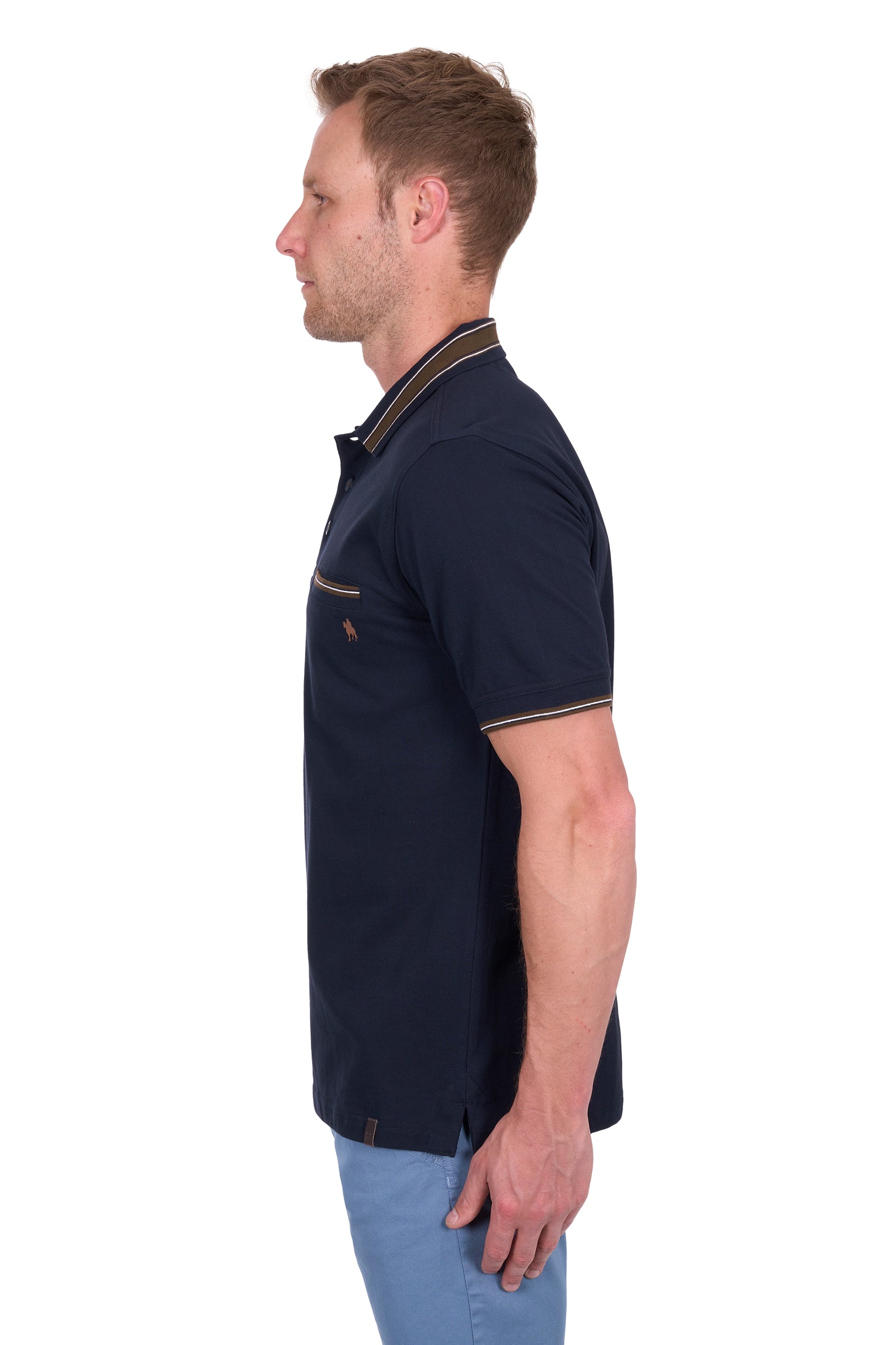 Side view of a man wearing a Thomas Cook Men's Ben Tailored S/S Polo. Navy polo shirt with a zipper pocket on a white background