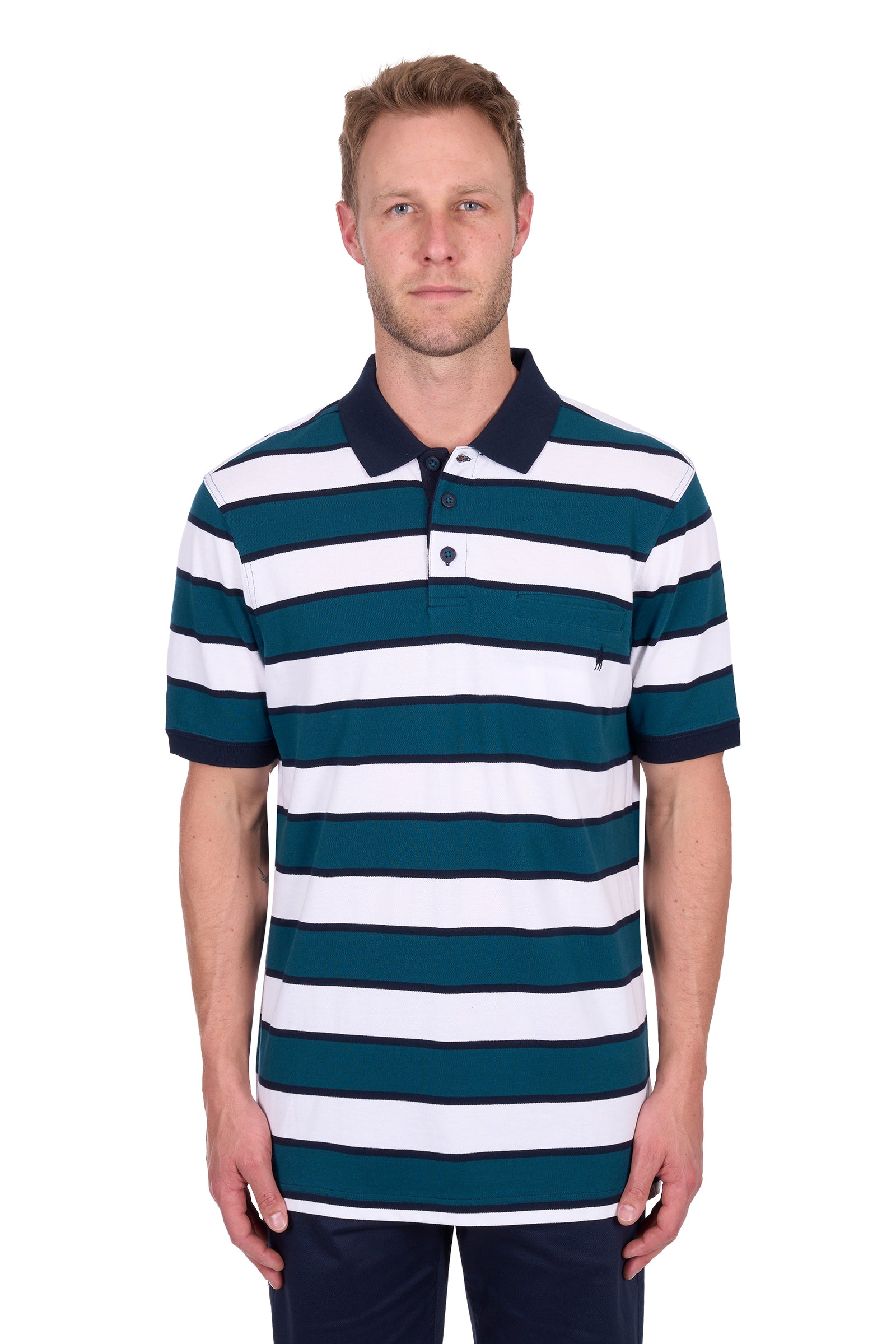 Man wearing a Thomas Cook Men's Ryan Tailored S/S Polo. Blue and white striped polo shirt on a white background
