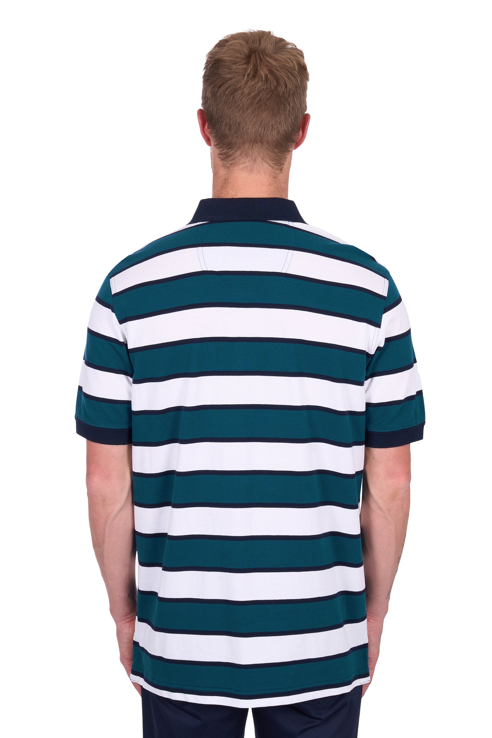 Rear view of a man wearing a Thomas Cook Men's Ryan Tailored S/S Polo. Blue and white striped polo shirt on a white background