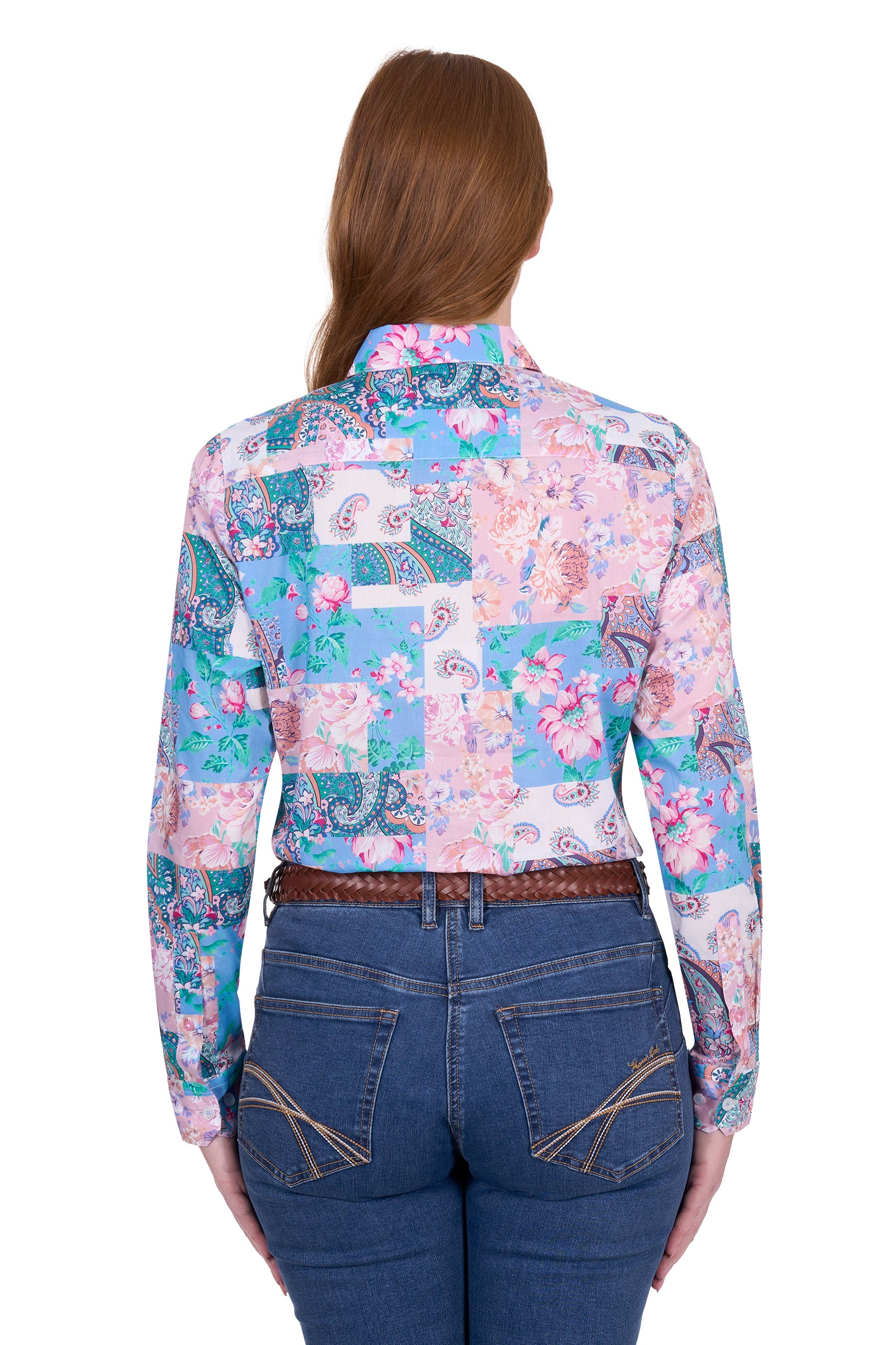 Thomas Cook Women's Annalise L/S Western Shirt. Woman wearing a colorful floral patchwork shirt with a white background