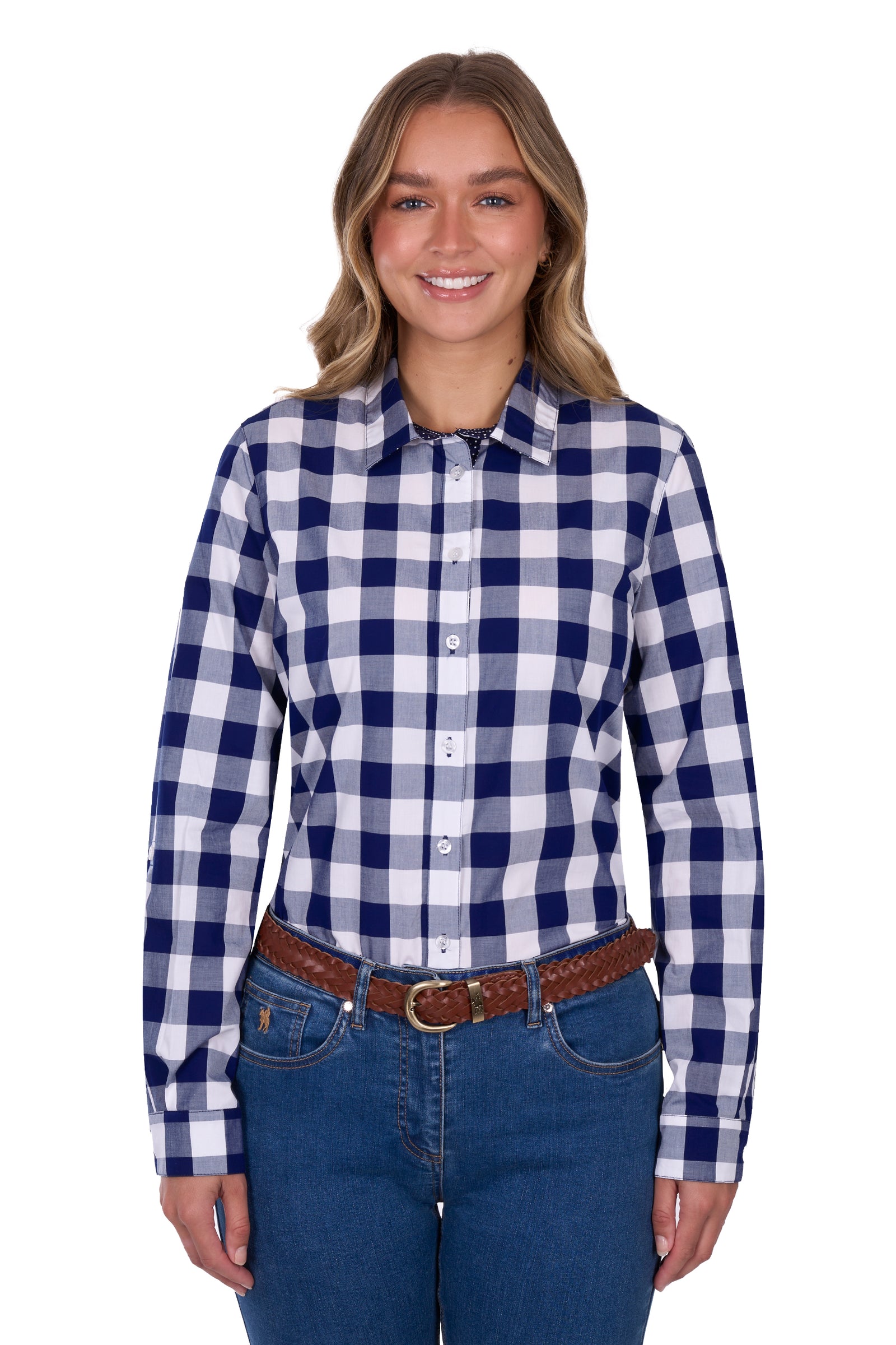 Woman wearing a Thomas Cook Women's Scarlet L/S Western Shirt. Bblue and white checkered shirt with jeans on a white background