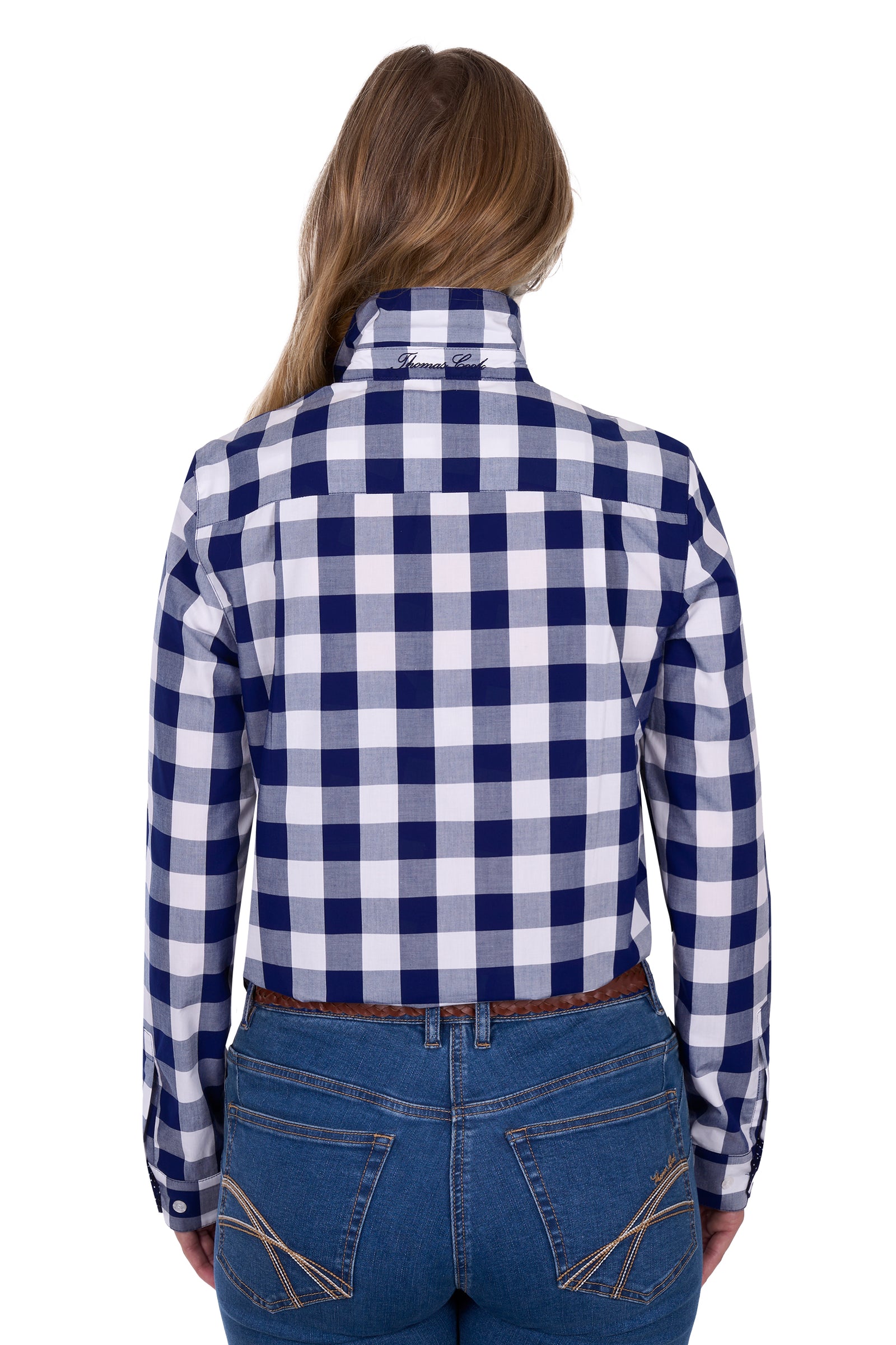 Rear view of a woman wearing a Thomas Cook Women's Scarlet L/S Western Shirt. Bblue and white checkered shirt with jeans on a white background