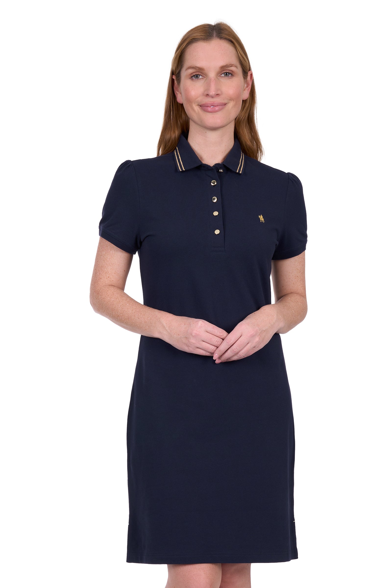 Woman wearing a Thomas Cook Women's Traci S/S Polo Dres. Navy blue polo dress with a small logo on a white background