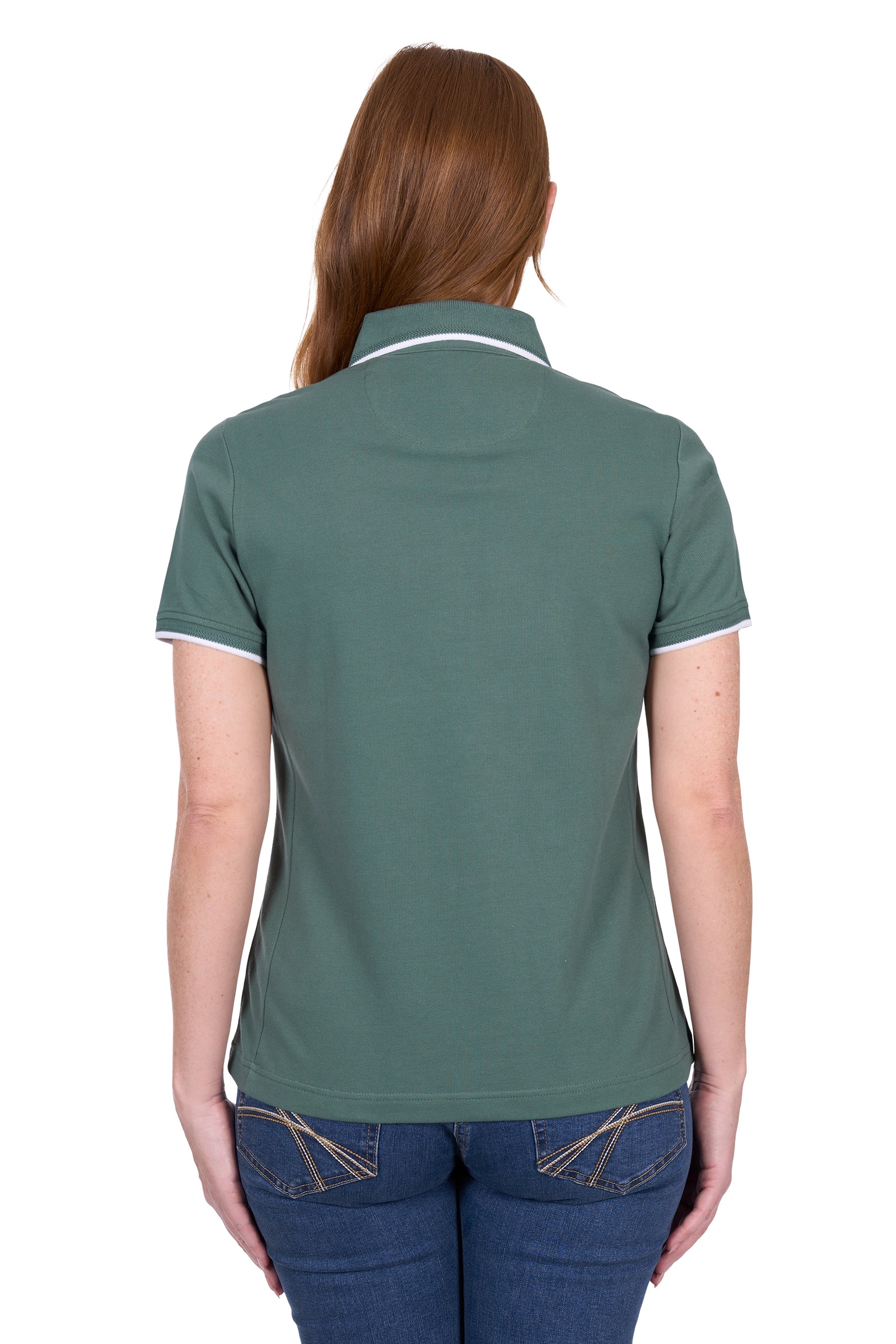 Rear view of a woman wearing a Thomas Cook Women's Michelle S/S Polo. Khaki polo shirt with a small logo on a white background
