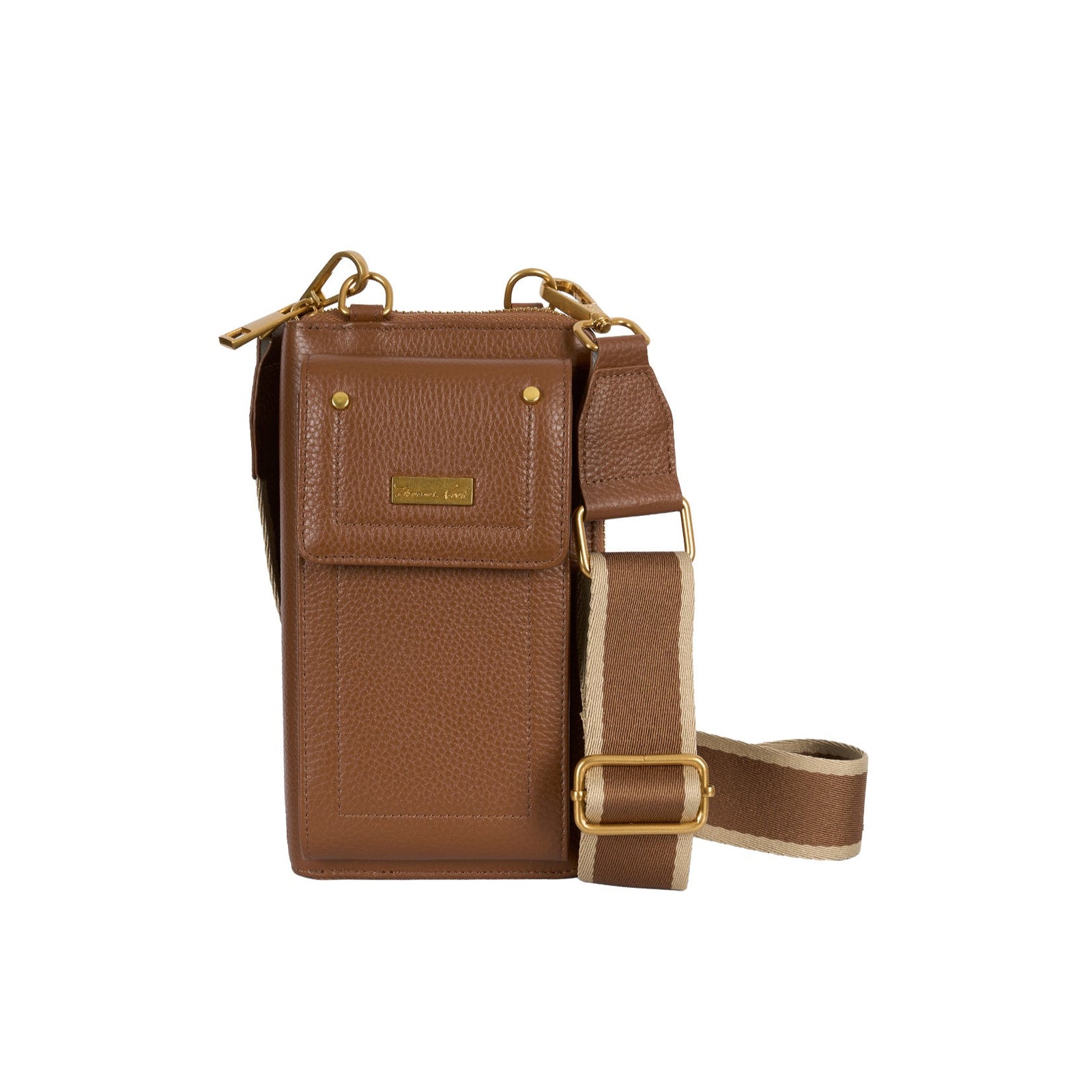 Thomas Cook Felicia Wallet Bag. Brown leather bag with gold accents on a white background