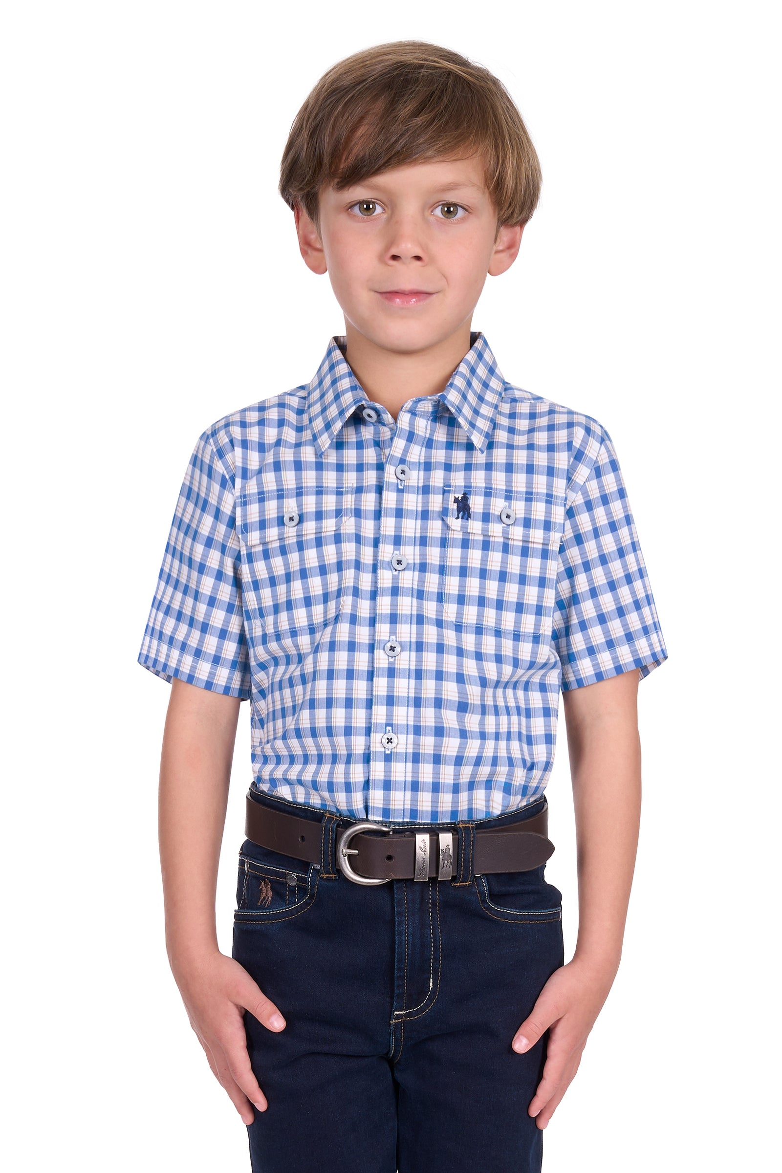 Thomas Cook Boy's Chris S/S Shirt. Young boy wearing a blue and white checkered shirt with dark pants on a white background