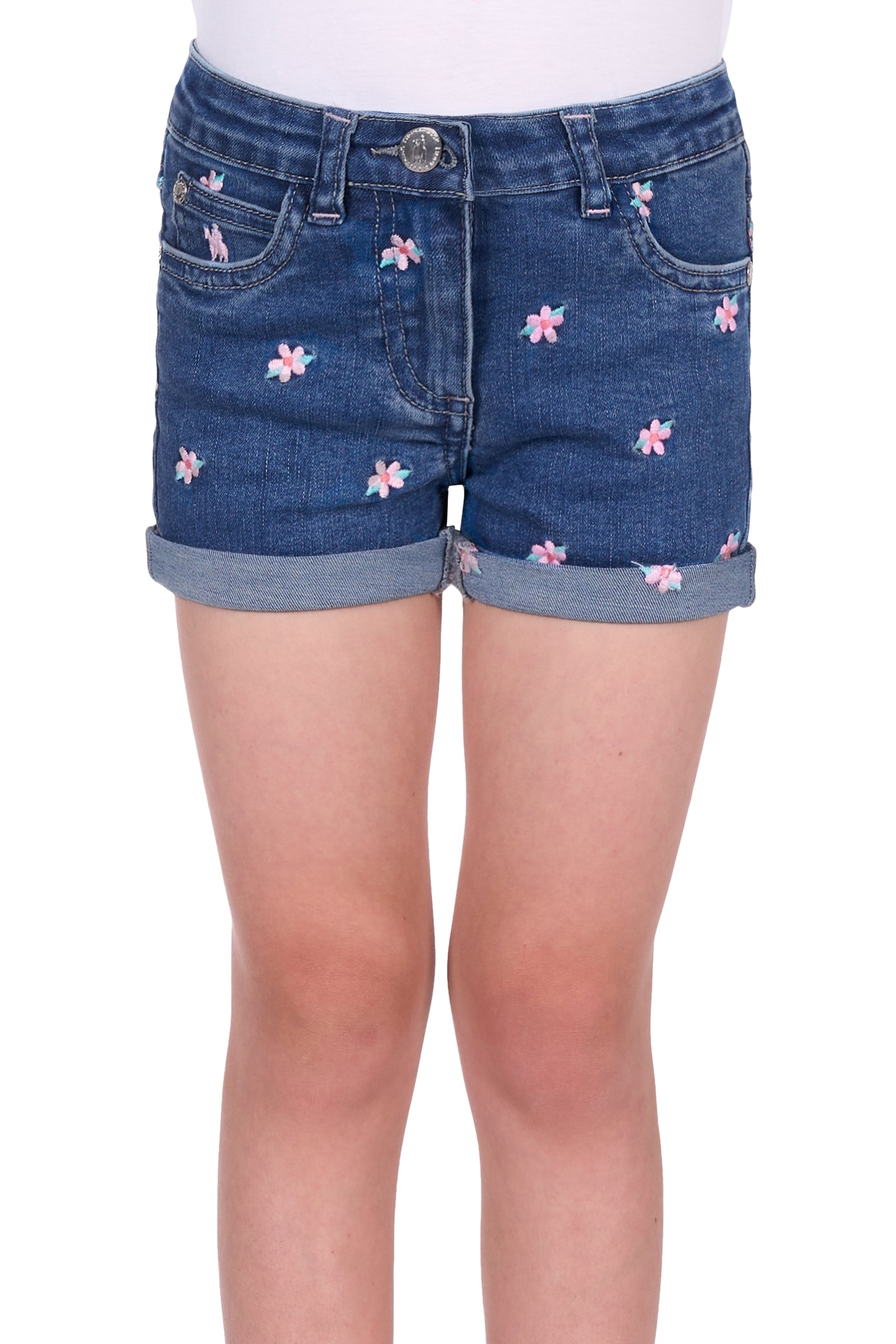Thomas Cook Girl's Hailey Denim Short. Blue denim shorts with floral embroidery on a white background