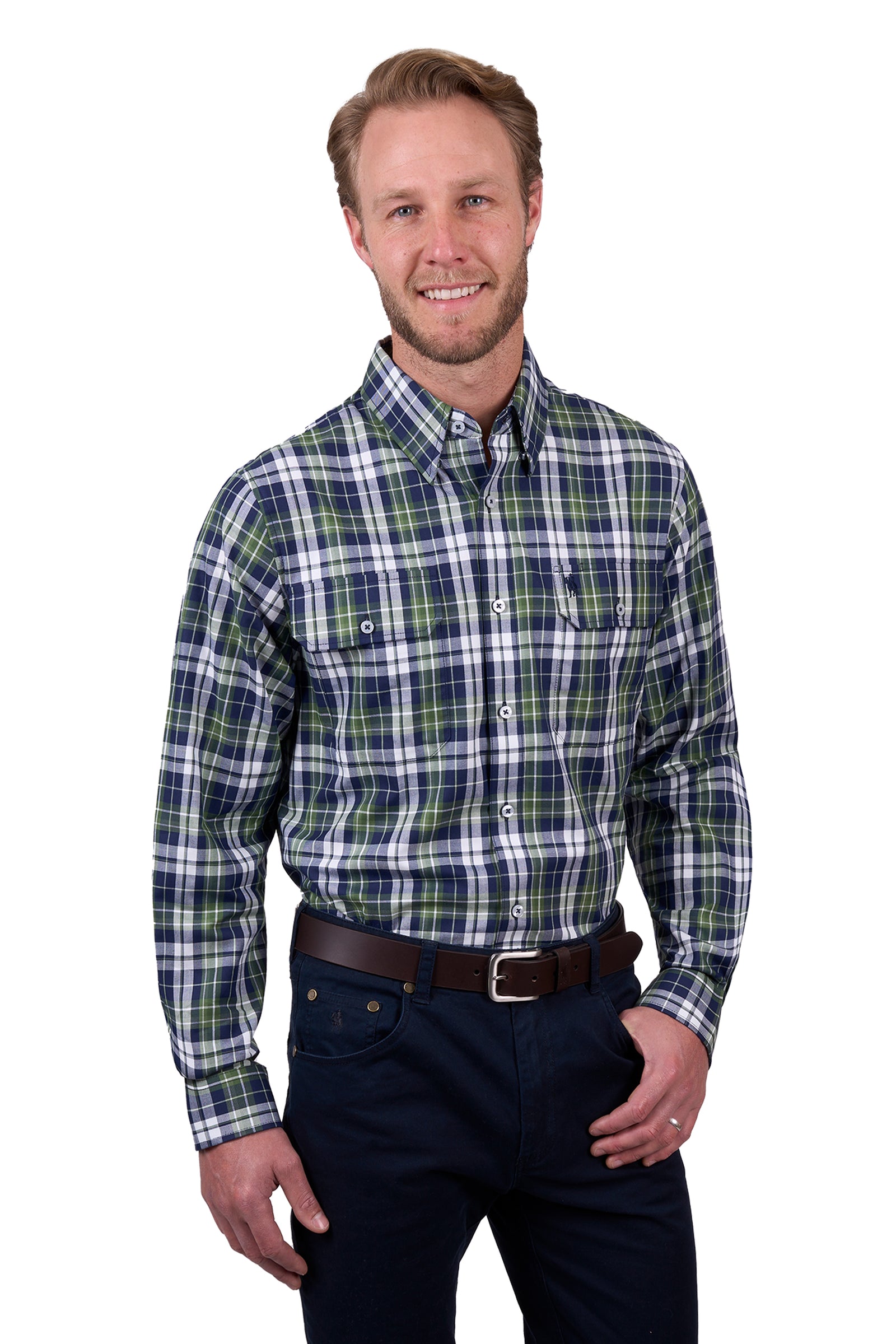 Thomas Cook Men's Shane 2 Pocket L/S Shirt. A man wearing a long-sleeved, checkered, green and blue shirt with two pockets, button-up collar, and button-up front.