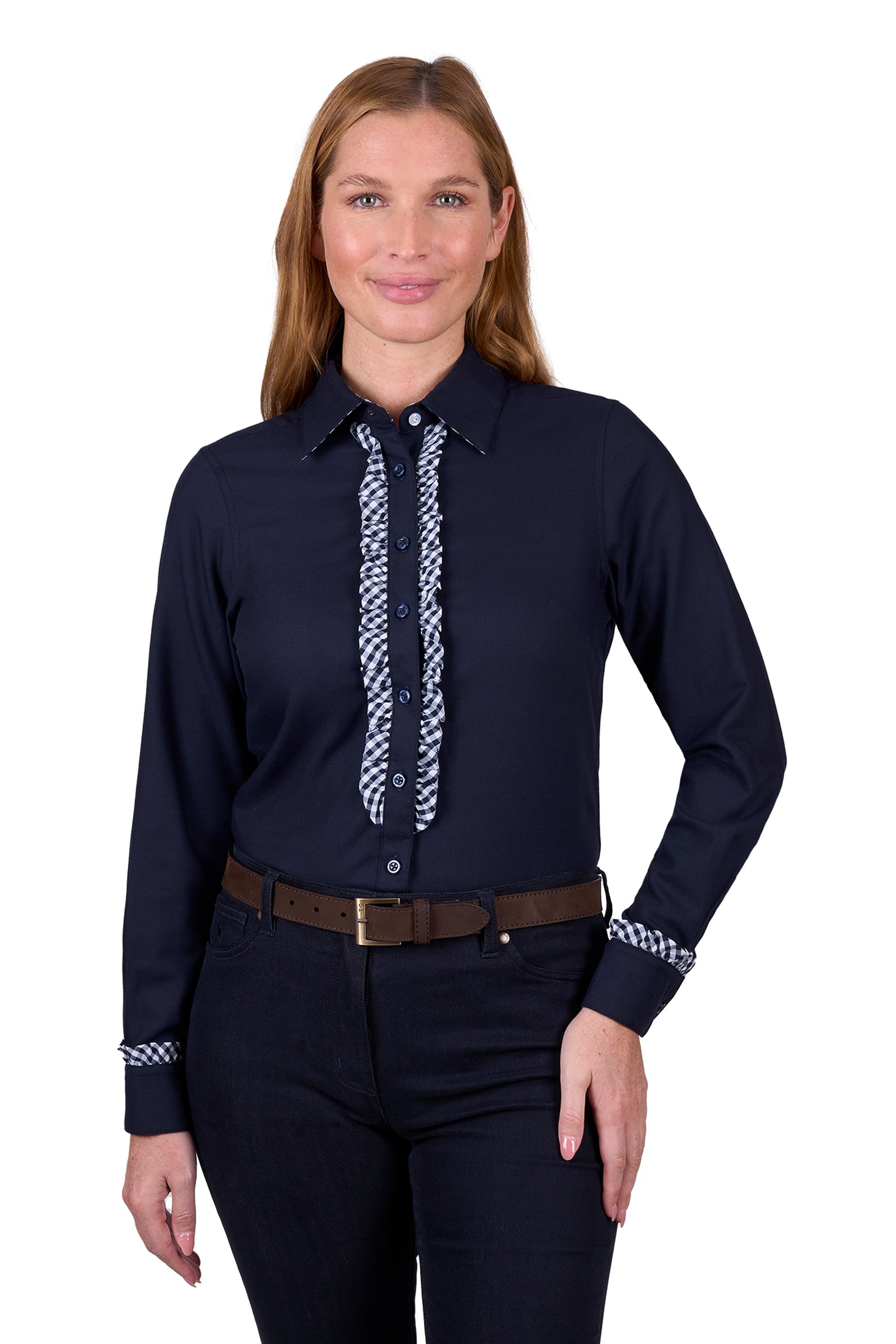 Thomas Cook Women's Ashley L/S Shirt. A woman wearing a long-sleeved navy shirt with a mandarin collar, featuring a gathered frill detail on the top cuffs and a contrast sleeve cuff. The shirt is made of a wool blend fabric.