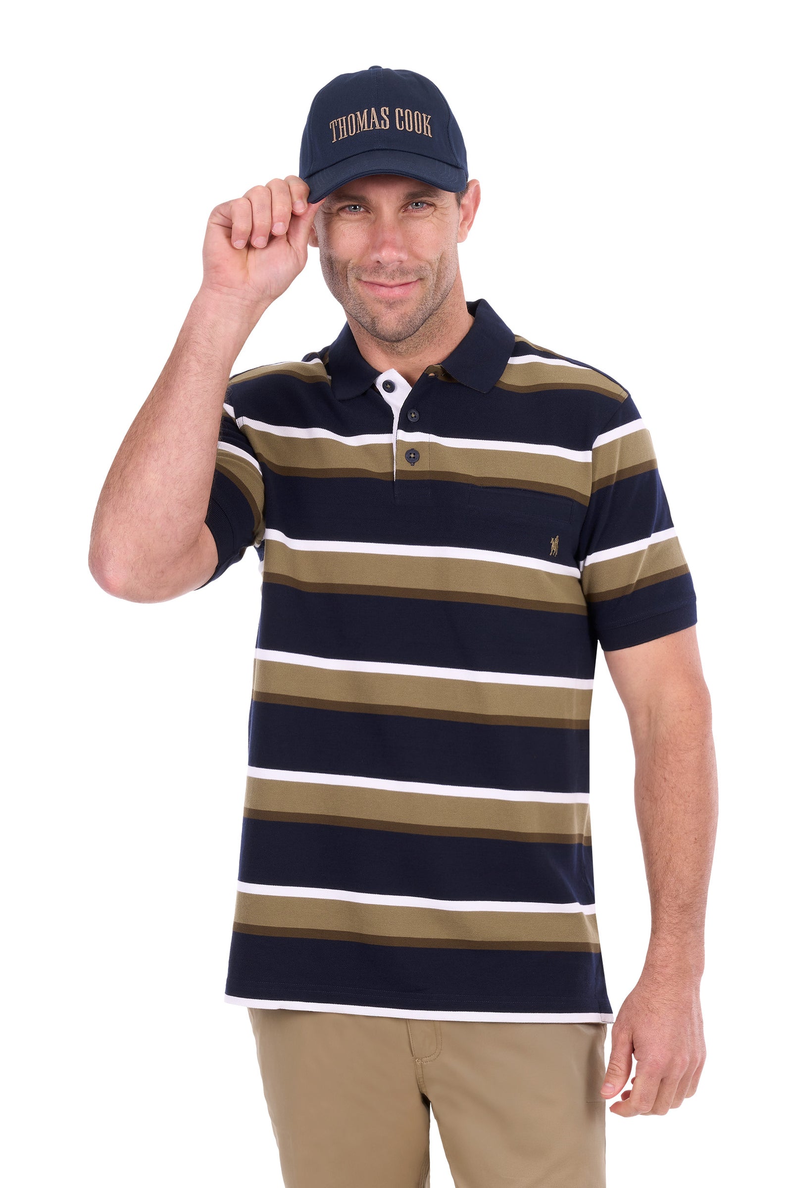 A man wearing a navy blue and olive green horizontally striped polo shirt with white stripes, paired with a navy blue baseball cap that reads 'THOMAS COOK' and khaki pants, against a plain white background.