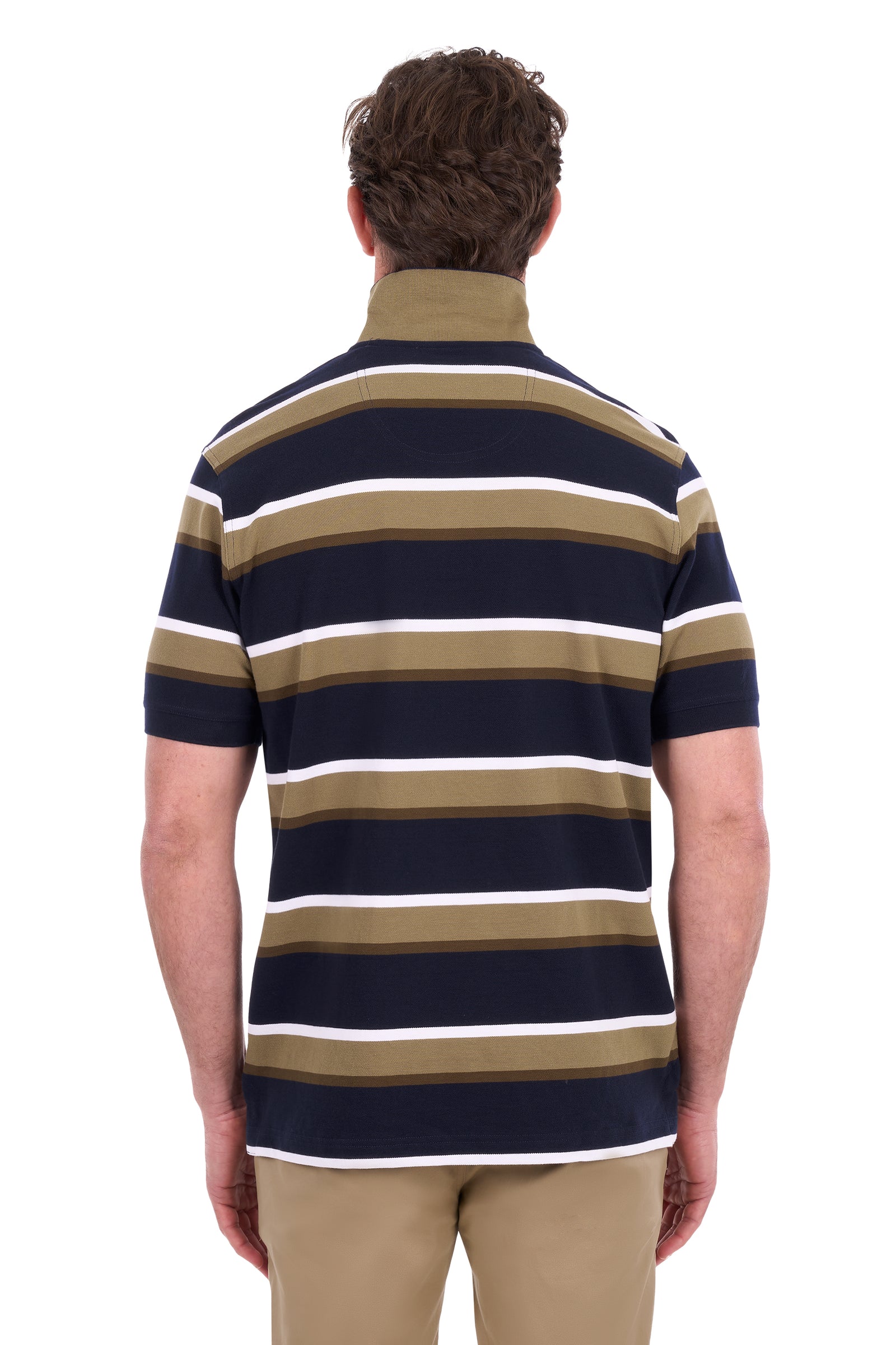A man viewed from the back wearing a short-sleeve polo shirt with horizontal stripes in navy blue, olive green, and white, paired with khaki pants, against a plain white background.