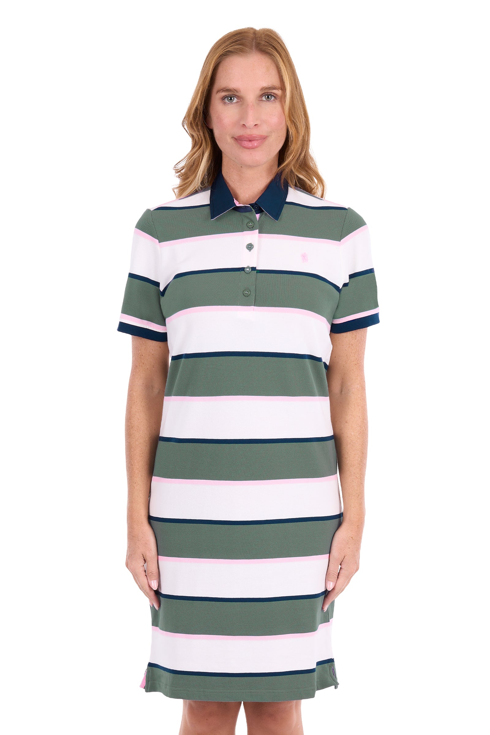 A woman modeling a short-sleeve polo dress with horizontal stripes in sage green, white, and light pink, featuring a navy blue collar and sleeve cuffs.