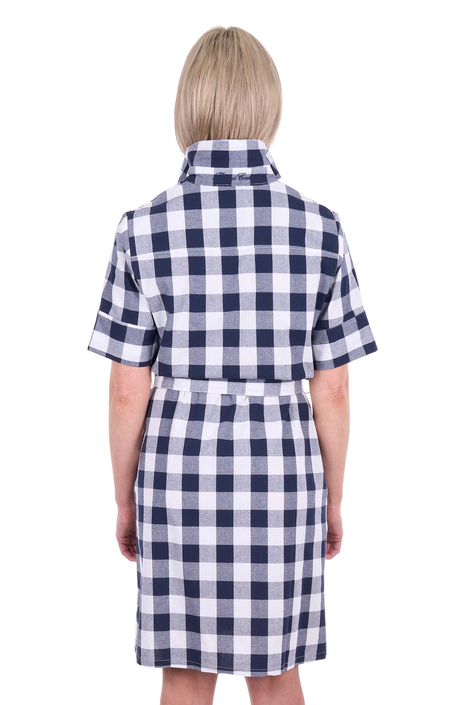 A child model shown from the back wearing a short-sleeve collared dress with a navy blue and white gingham check pattern, set against a plain white background.