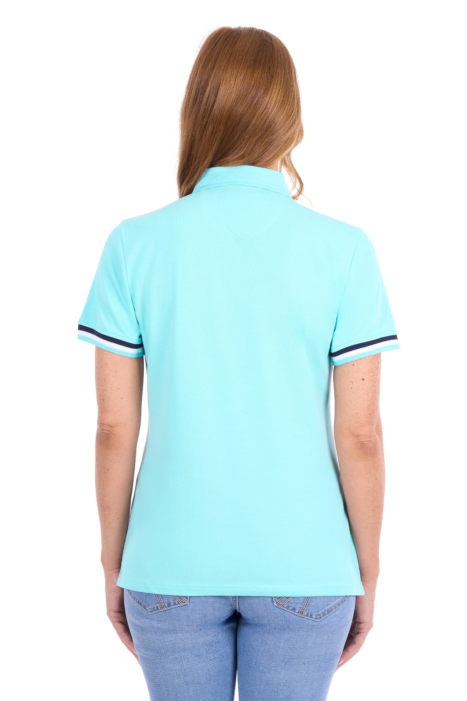 A woman viewed from the back wearing a light aqua short-sleeve polo shirt with thin dark blue and white striped trim on the sleeve cuffs, paired with light blue jeans against a plain white background.