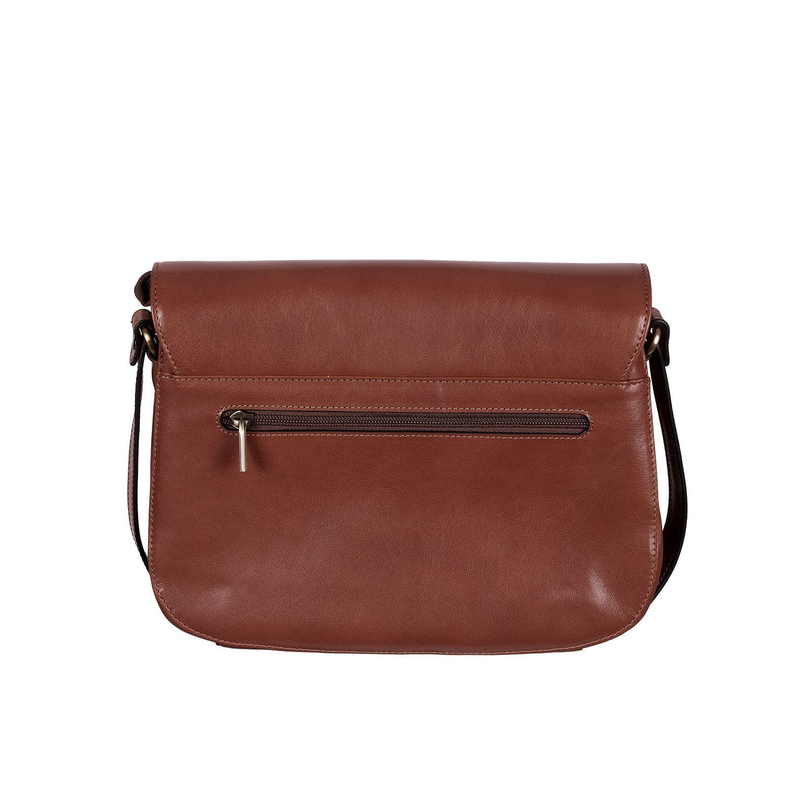 A brown leather shoulder bag with a front zippered pocket and a black strap, shown against a plain white background.