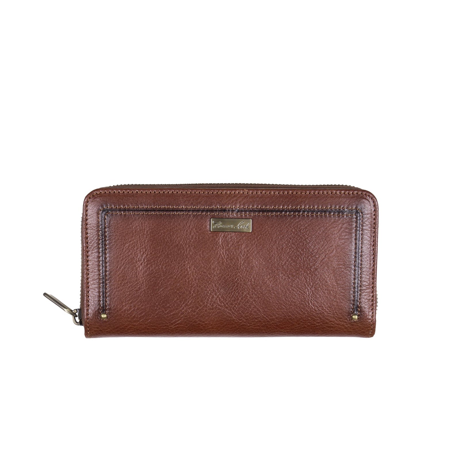 A brown leather zip-around wallet with contrast stitching and a small gold-tone brand plaque on the front, shown against a plain white background.