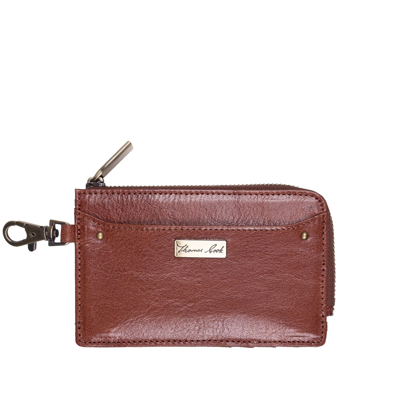 A brown leather zippered card holder wallet with a silver-tone metal clasp and a small silver brand plaque reading 'Maurice Art' on a white background.