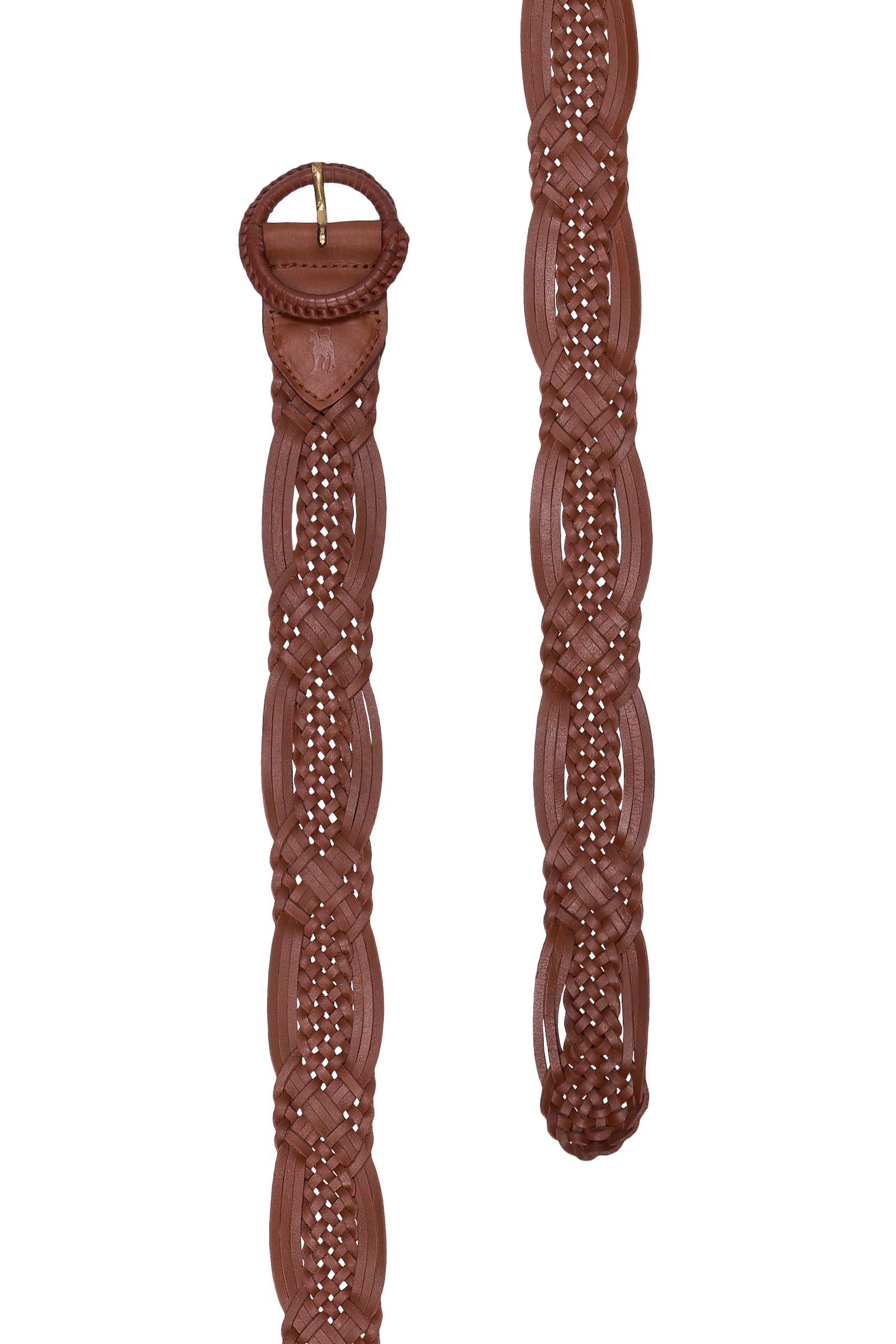 A brown leather belt with an intricate braided and woven pattern, featuring a matching leather buckle, shown against a plain white background.