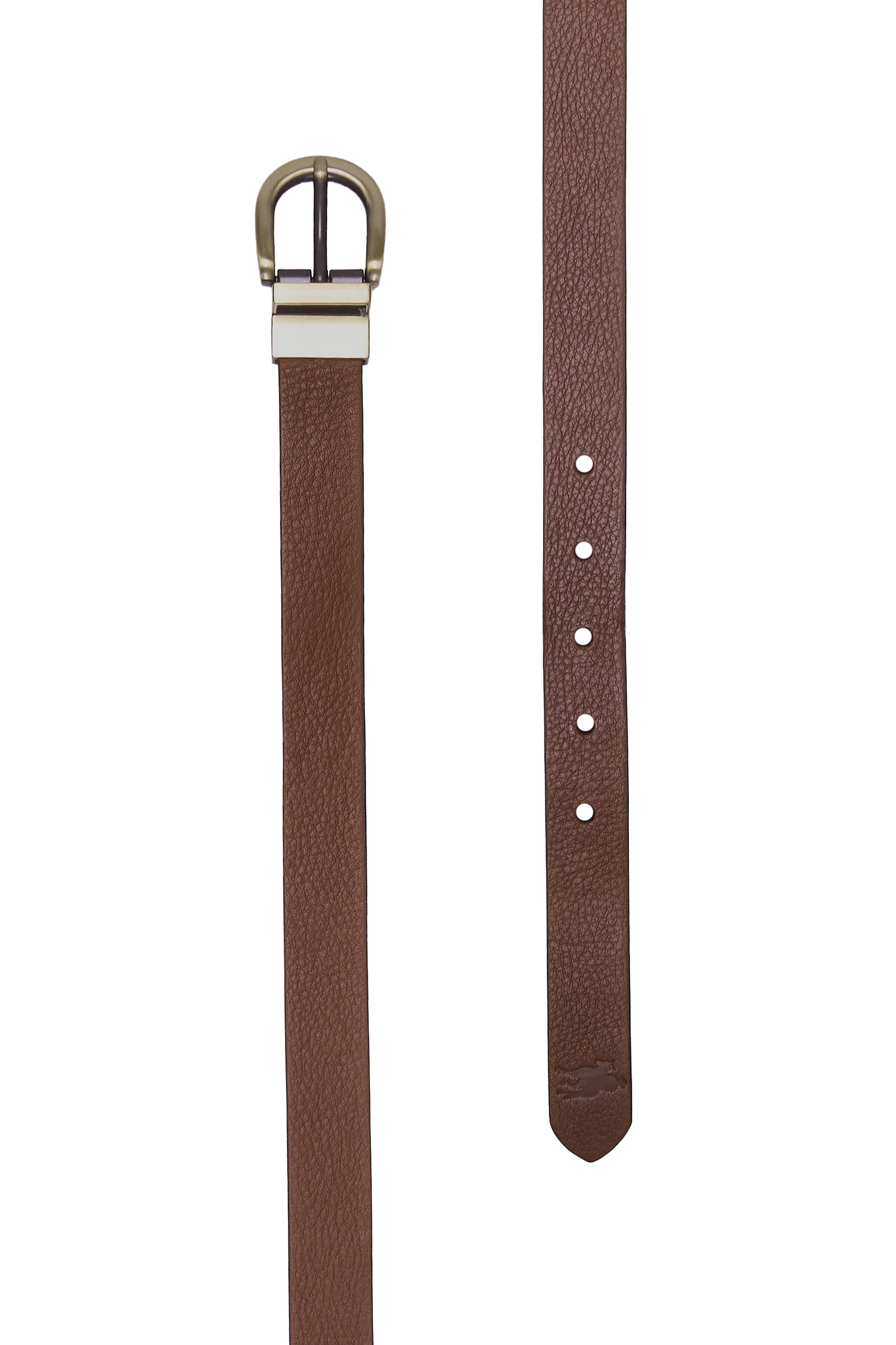 A brown textured leather belt shown in two views: one displaying the silver-tone metal buckle with a white accent, and the other showing the strap with five silver-tone adjustment holes.