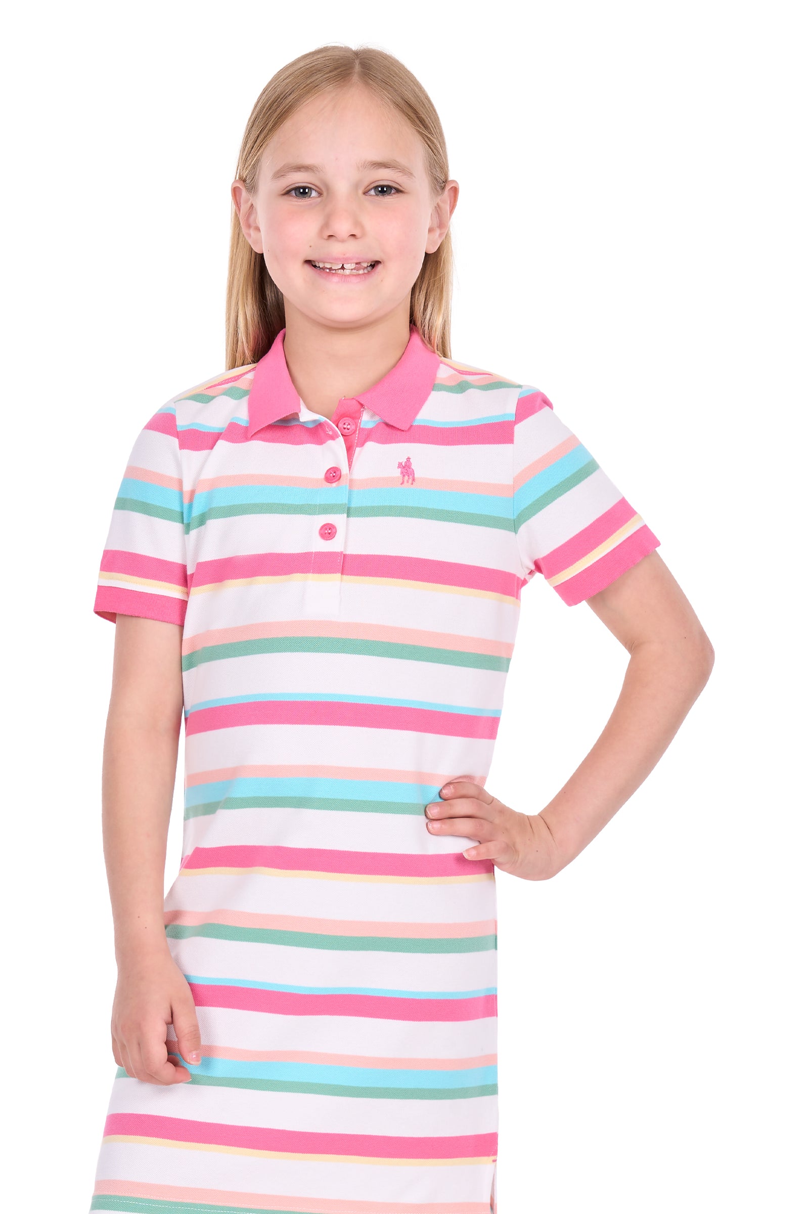 A young girl with blonde hair wearing a short-sleeve polo shirt dress with horizontal pink, teal, peach, and white stripes, standing against a solid white background.