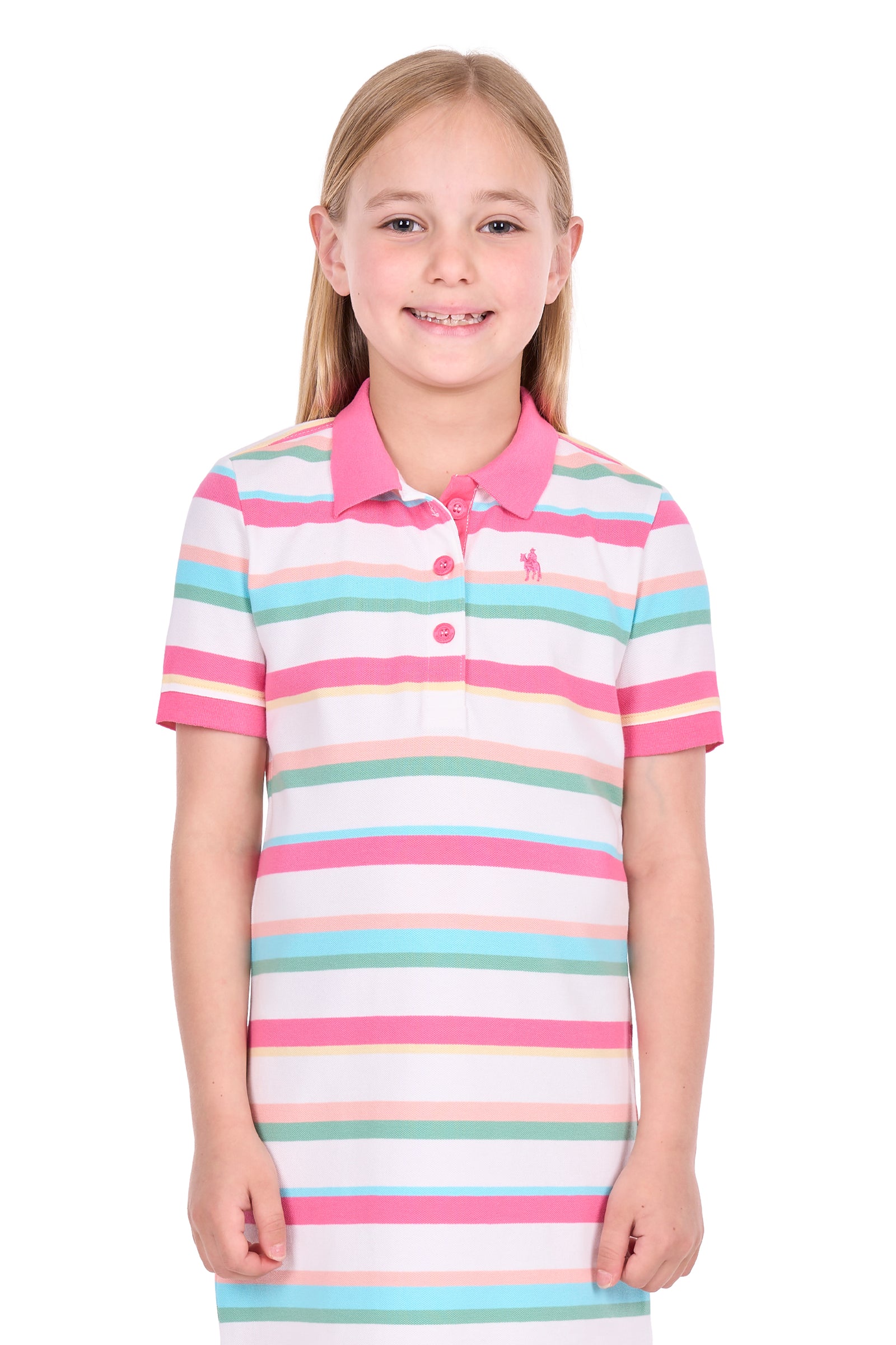 A young girl with blonde hair wearing a short-sleeve polo shirt with horizontal stripes in pink, light blue, mint green, and white. She is standing against a solid white background.