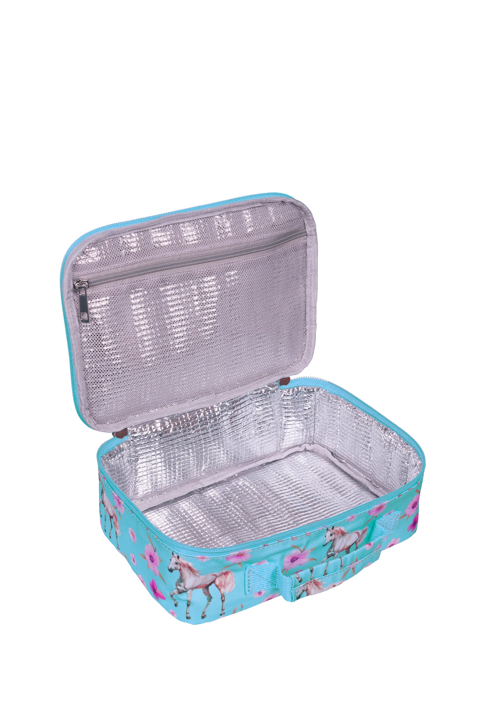 An open insulated lunch bag with a light blue exterior featuring a unicorn and flamingo print, and a silver reflective lining.