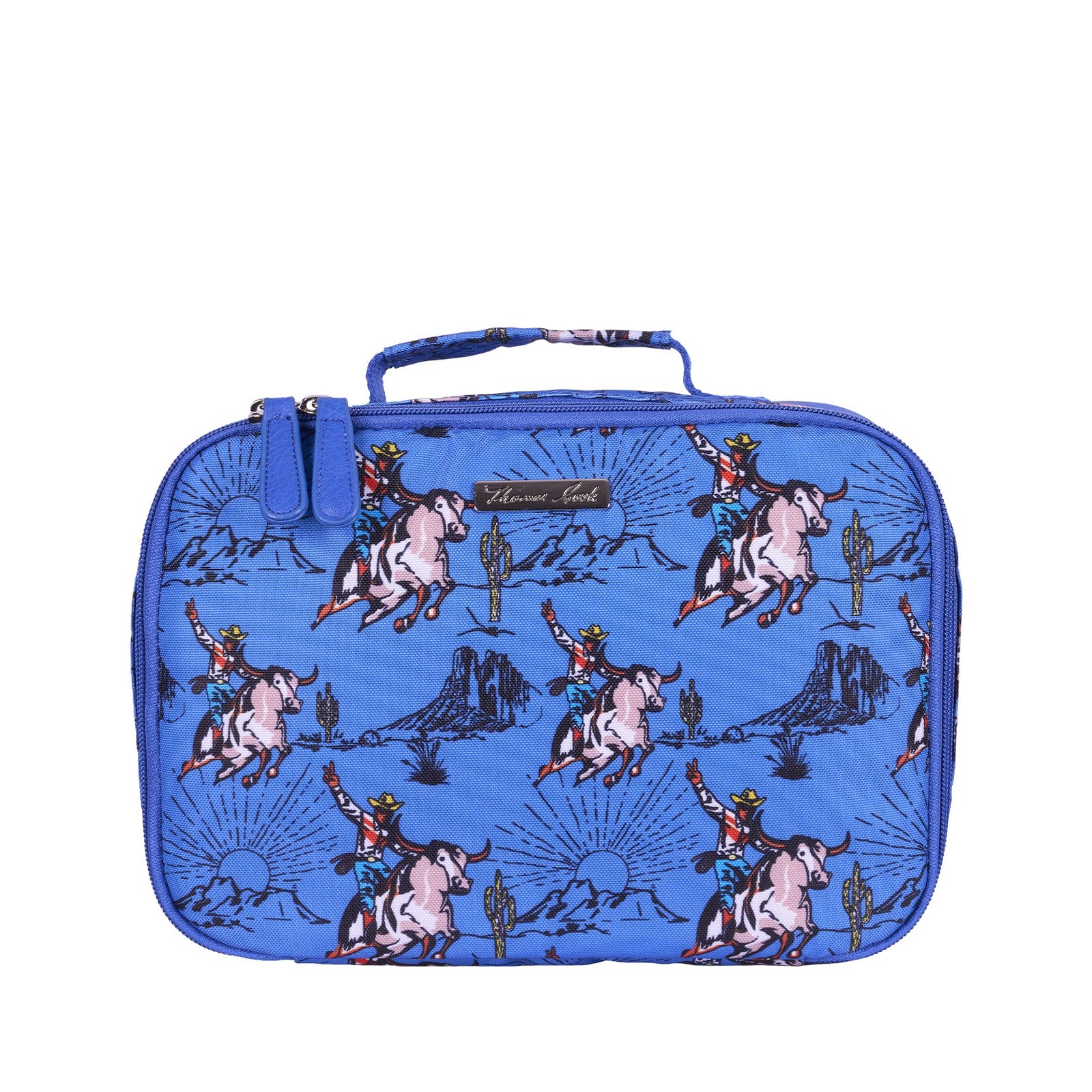 A blue zippered lunch bag with a western-themed print of cowboy riders on white horses, cacti, and sunsets, featuring a top carry handle and a small gold-tone brand plaque.